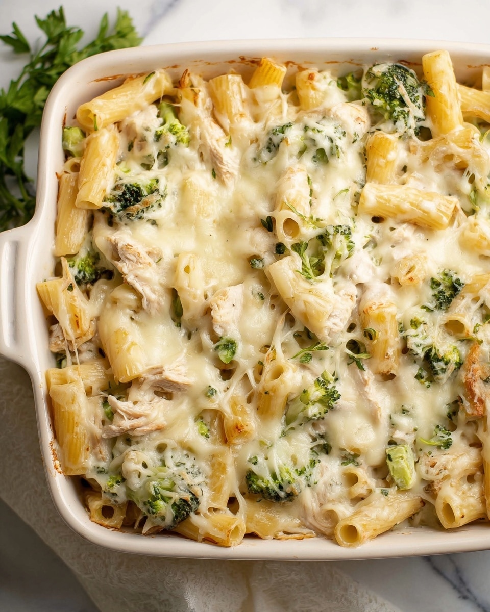 The image shows a white ceramic baking dish filled with a creamy pasta bake. The bottom layer consists of cooked short tube pasta mixed with small pieces of green broccoli florets and shredded white chicken. The pasta and chicken mixture is evenly spread out. On top, there is a thick layer of melted white cheese that covers the pasta and broccoli, with some cheese strands stretching over the edges of the dish. The baking dish sits on a white marbled surface with a bit of fresh green herbs peeking from the side. The lighting highlights the smooth, creamy cheese texture and the soft pasta beneath it. photo taken with an iphone --ar 4:5 --v 7