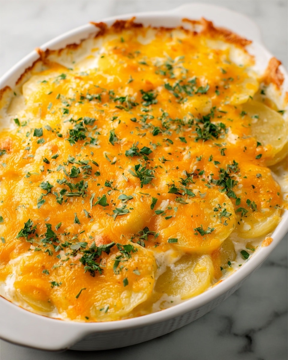 The dish is a baked potato casserole in a white oval dish placed on a white marbled surface. It has several layers starting with tender, overlapping yellow potato slices at the bottom, topped by a thick layer of creamy white sauce. The top layer is melted cheddar cheese that is bright orange and bubbly, covering the entire surface evenly. Fresh chopped green herbs are sprinkled generously over the cheese, adding a pop of color. The edges of the dish show the cheese slightly browned and crispy. The photo was taken with an iphone --ar 4:5 --v 7