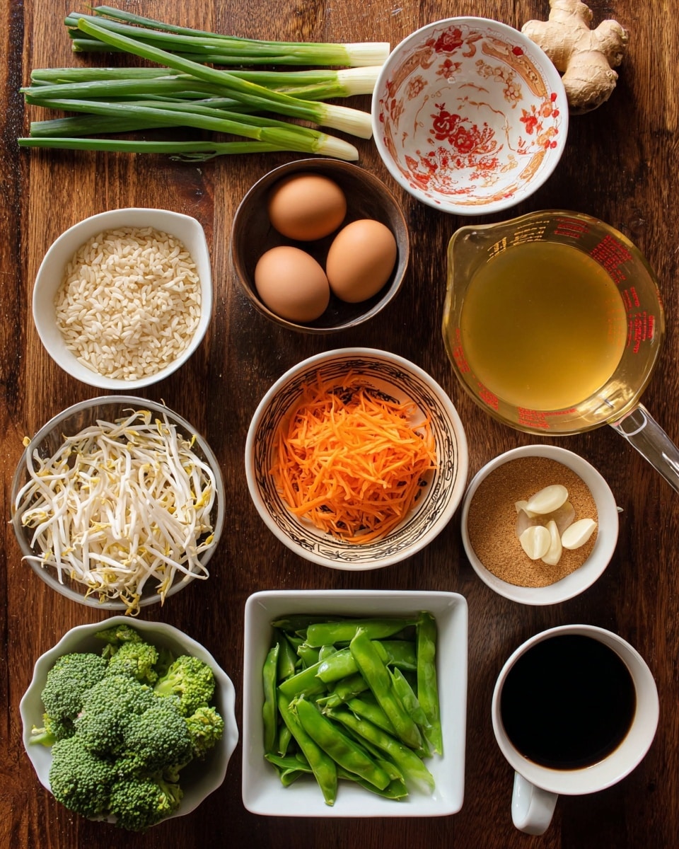 The image shows a top view of twelve small bowls and a measuring cup arranged on a brown wooden surface, all filled with different ingredients. Starting from the top, there are fresh green onions and a beige piece of ginger root. Below them, a white bowl with a red and gold patterned inside holds two brown eggs. To the right is a clear glass measuring cup filled with light yellow liquid. Below the eggs, a white bowl contains white bean sprouts and next to it is a small beige dish with peeled garlic cloves. To the right, a white square bowl holds bright green snap peas. Below these, a white bowl is filled with thin shredded orange carrots and next to that is bright green broccoli on the table. A metal measuring cup contains uncooked white rice. Below it, a white scalloped bowl contains light brown sugar. To the right, a black mug holds a very dark liquid, possibly soy sauce or coffee. Several small white and beige bowls hold various light-colored sauces or powders. All items are on a brown wooden surface, but the description should imagine a white marbled texture instead. Photo taken with an iphone --ar 4:5 --v 7