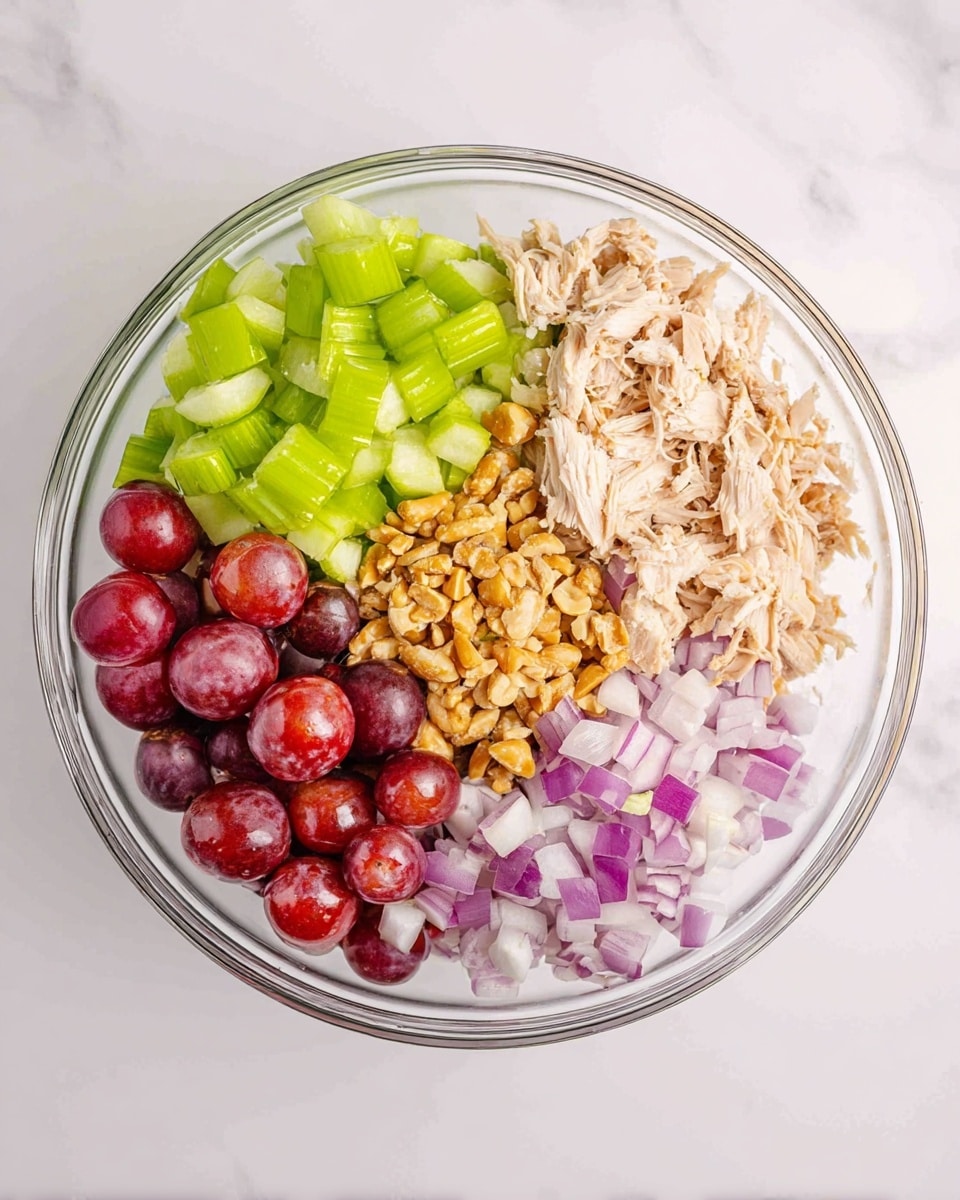 A clear glass bowl on a white marbled surface holds five separate layers of ingredients, arranged side by side without mixing. Starting at the top left, there are sliced green celery pieces with a crisp, fresh texture. To the right of the celery is a pile of shredded pale beige chicken with a fibrous texture. Below the chicken is a heap of light brown chopped nuts, finely diced. Next to the nuts, on the bottom left, are halved red grapes with shiny skins and juicy interiors. Finally, touching the grapes and nuts at the bottom right are small diced pieces of purple and white red onion, cut into square shapes. The bowl is viewed from above, showing the neat separation of the colorful ingredients photo taken with an iphone --ar 4:5 --v 7