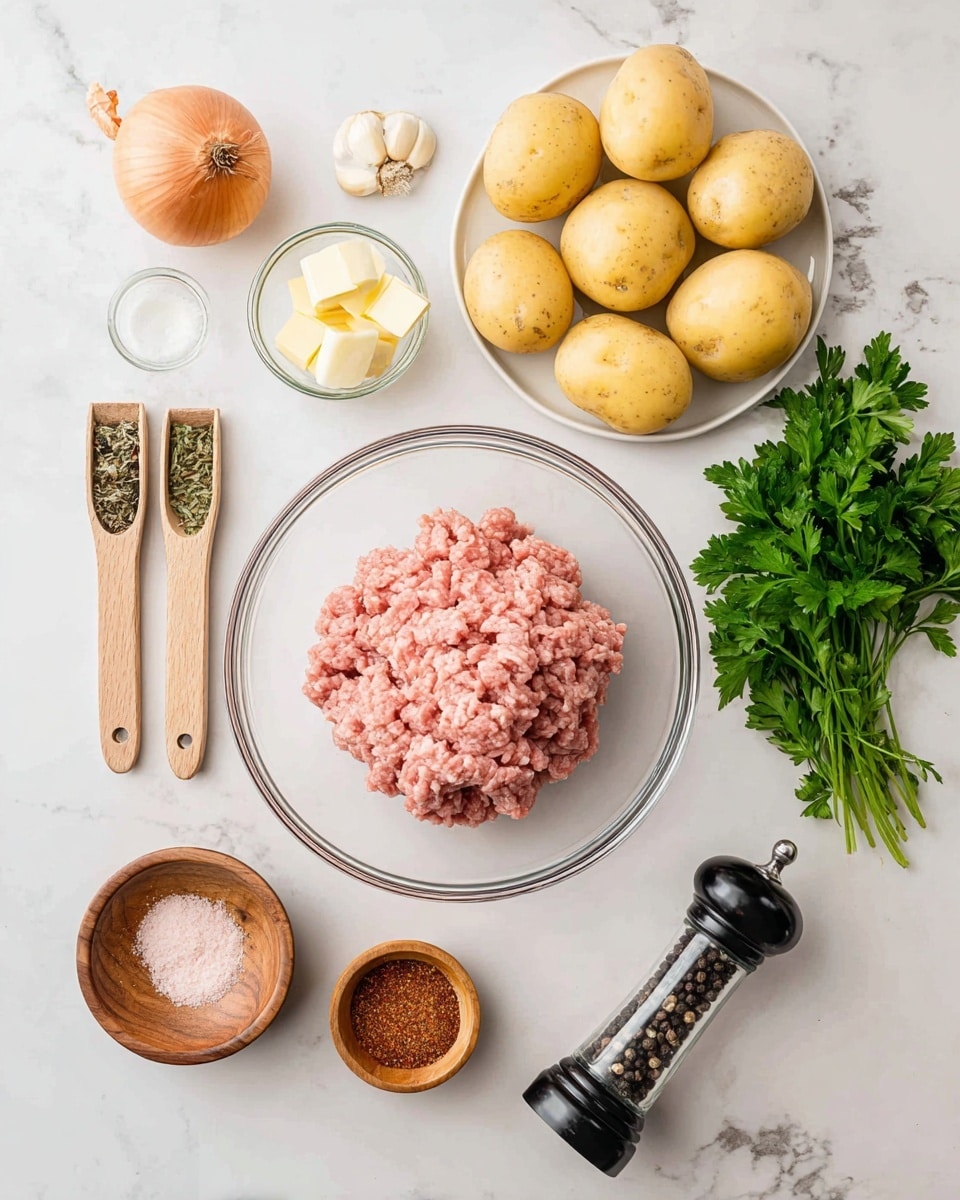 A clear glass bowl holds a mound of pale pink ground meat with a slightly coarse texture, placed near the center on a white marbled surface. Above it, a white plate is filled with several light yellow potatoes with smooth skins sitting closely together. To the right, two bunches of fresh green parsley are laid out with leafy, jagged edges. To the left of the meat bowl, there are three wooden-handled measuring spoons arranged vertically, each filled with different dry green and light brown spices. Above those, a whole pale yellow onion and two peeled garlic cloves sit near a small clear glass bowl with white and yellow butter chunks. Below the spoons, there is a small wooden bowl with reddish-brown spice and a wooden bowl filled with pink coarse salt. A clear pepper grinder with black and white peppercorns is placed at the bottom right. The whole scene is set on a white marbled texture photo taken with an iphone --ar 4:5 --v 7