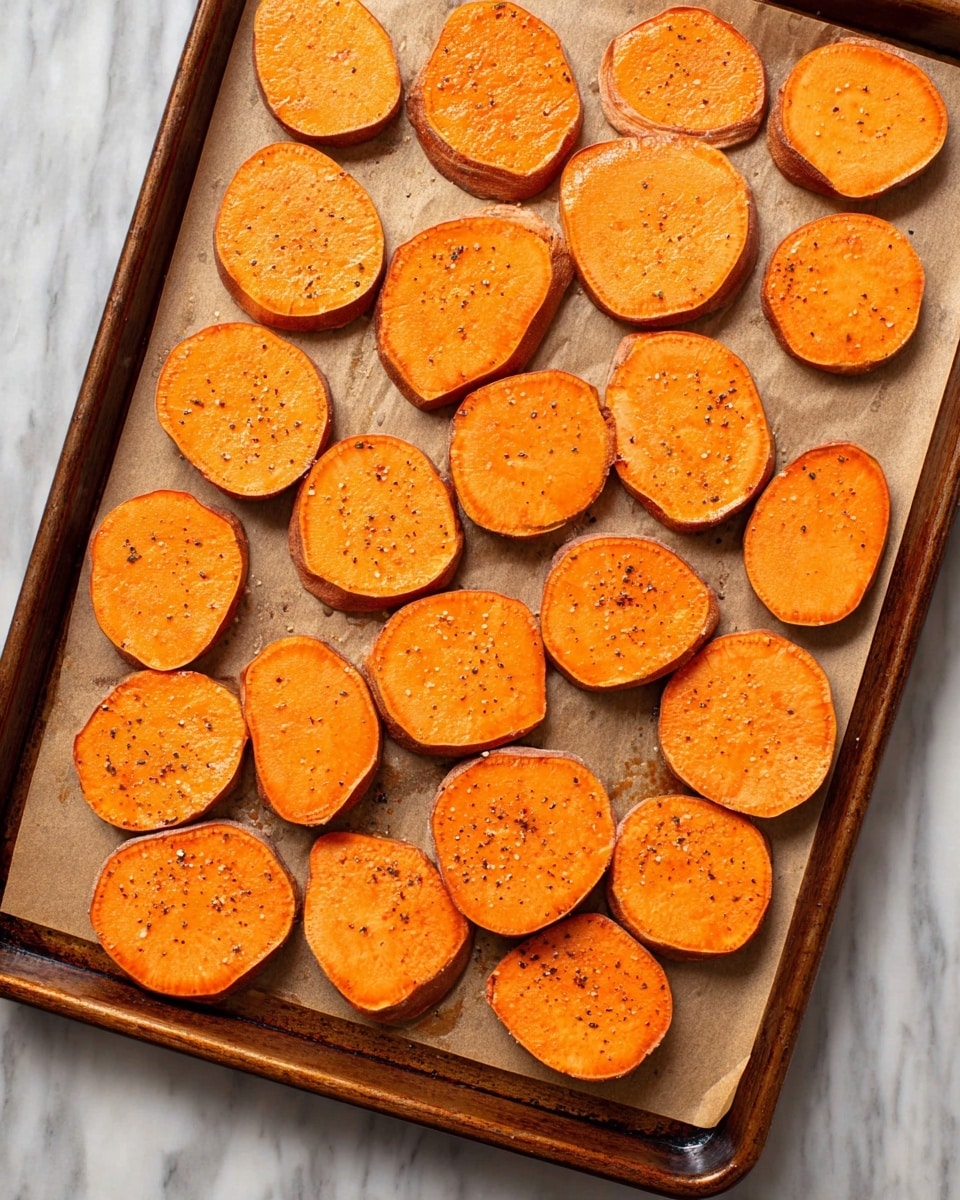 The image shows a single metal baking tray lined with parchment paper, filled with one layer of thick, round slices of orange sweet potatoes. Each slice has a smooth texture with some visible light frying oil and small sprinkles of black pepper on top. The edges of the sweet potato slices reveal their brown skin, and the tray is set on a white marbled surface. Photo taken with an iphone --ar 4:5 --v 7