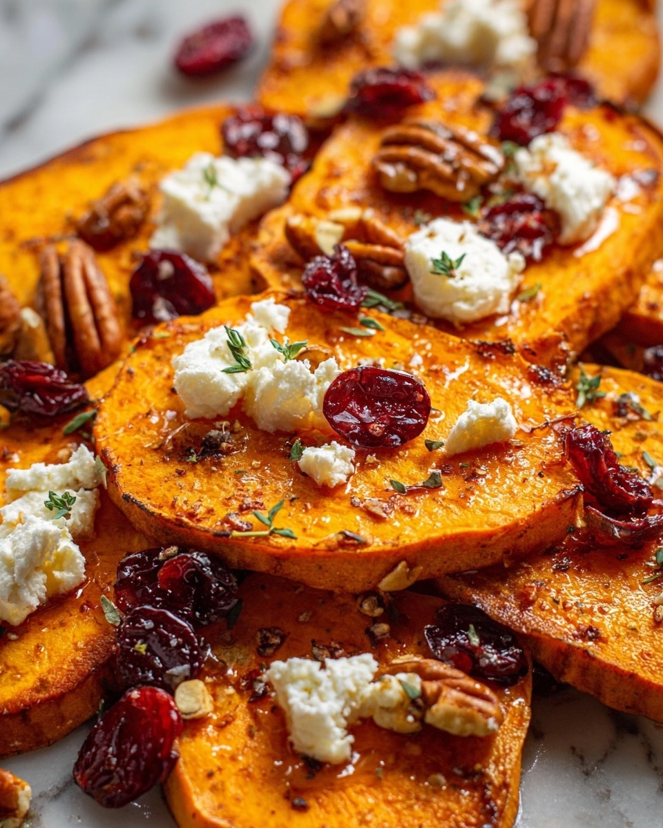 The image shows a close-up of several thick slices of roasted sweet potatoes with a golden-orange color and slightly crispy brown edges. On top of these slices, there are small white dollops of soft cheese, scattered dark red dried cranberries, and broken pieces of light brown pecans. The sweet potatoes are sprinkled with coarse salt and tiny green herb leaves, all glistening with a light drizzle of honey or syrup. The dish is displayed on a white marbled surface. photo taken with an iphone --ar 4:5 --v 7