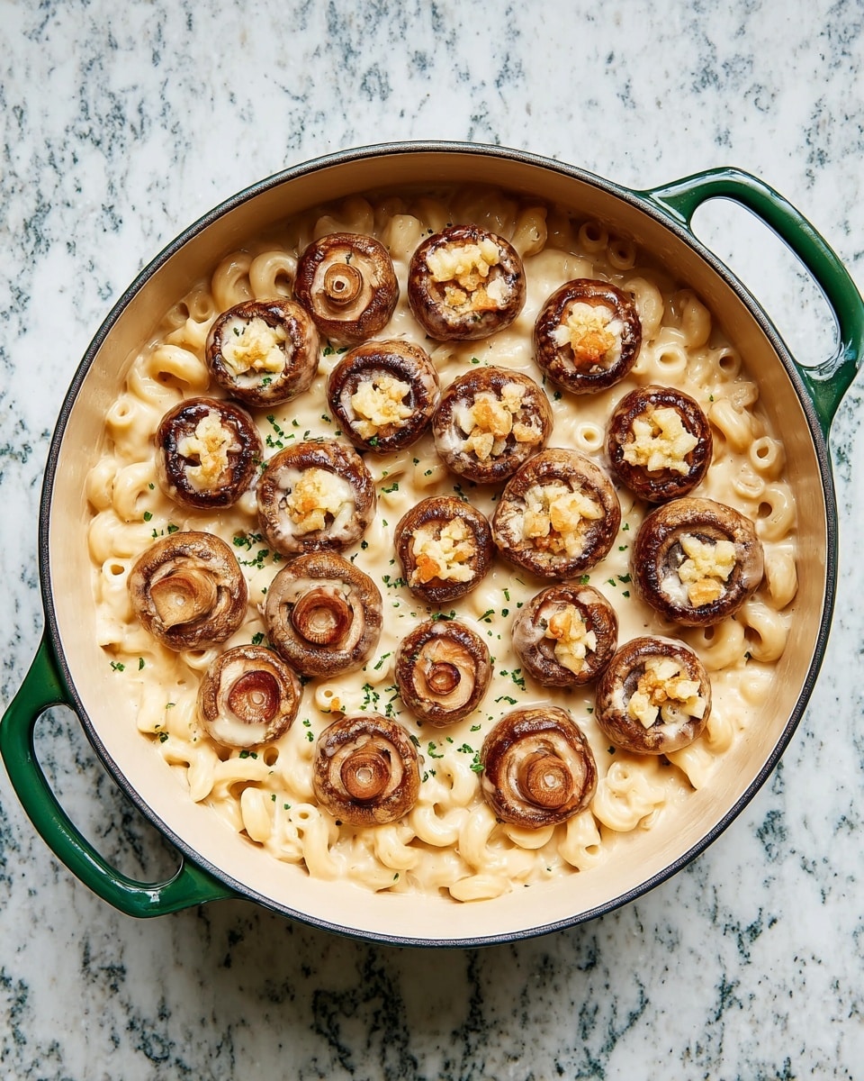 A large white pot with green handles sits on a white marbled surface, filled with creamy macaroni in a light beige sauce. On top, there are two layers of brown mushrooms arranged evenly; the mushroom caps are facing upward, each filled with small pieces of pale yellow cheese. The sauce looks smooth and coats the macaroni well. photo taken with an iphone --ar 4:5 --v 7