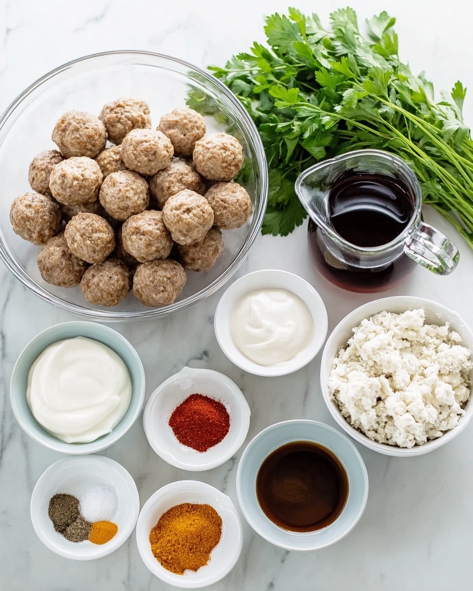 A clear glass bowl filled with many light brown meatballs sits on a white marbled surface. Next to it is a glass pitcher filled with dark brown liquid. Around the bowl are six small white bowls, each holding different ingredients: one has thick white sour cream, another has white powder, the third holds white cream, the fourth contains a mix of five colorful spices in red, black, yellow, and white, the fifth is filled with dark brown sauce, and the last bowl contains a chunky white mixture with visible small pieces. A bunch of fresh green parsley leaves lies above the bowls on the white marbled surface. photo taken with an iphone --ar 4:5 --v 7