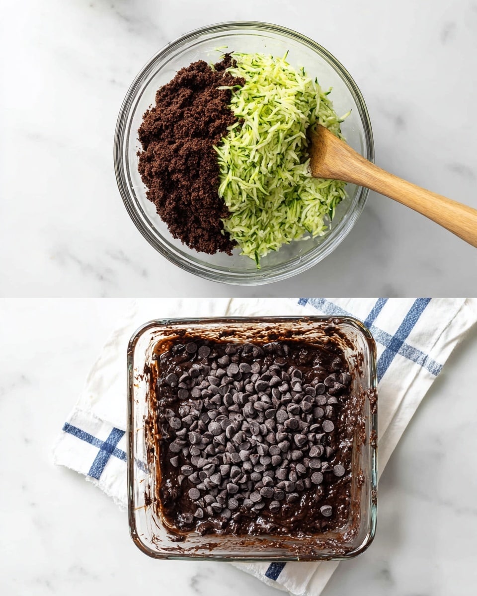A clear glass bowl holds a dark brown finely crumbly mixture at the bottom layer, topped in the next image with a fresh layer of green shredded zucchini placed on the right half of the bowl, next to the dark crumbly texture on the left. A wooden spoon leans in the bowl, mixing the two layers into a thick, dark, and shiny batter with visible green zucchini strands in the third image. In the last image, the dark chocolate batter is spread evenly inside a clear square baking dish, topped with a third layer of evenly scattered dark chocolate chips. The entire scene sits on a white marbled surface with a white cloth featuring blue stripes nearby, photo taken with an iphone --ar 4:5 --v 7