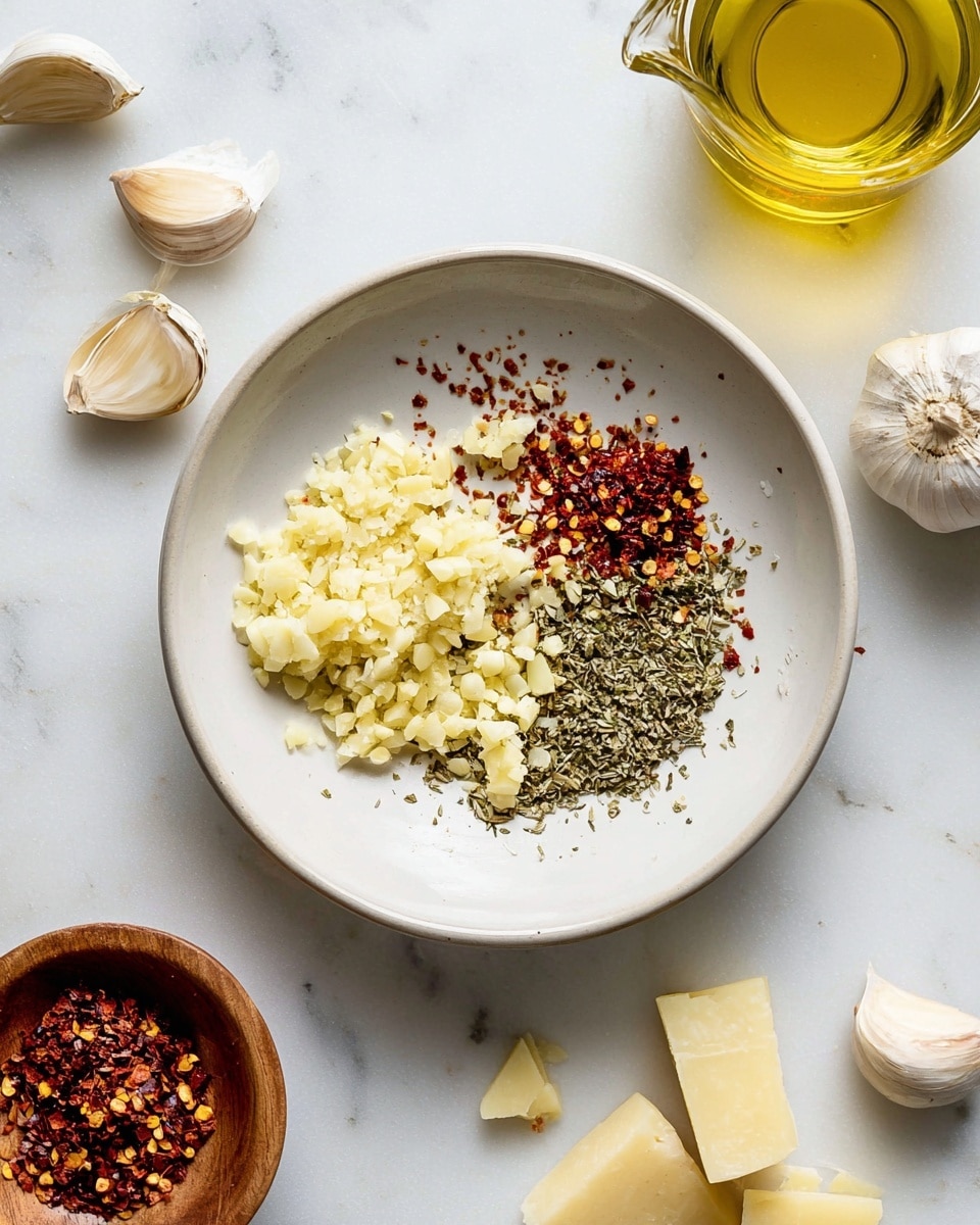 A white bowl on a white marbled surface holds three groups of ingredients: finely chopped light yellow garlic in a small heap on the left, red chili flakes with some seeds scattered on the top, and green dried herbs on the right. Around the bowl are whole garlic cloves, two pieces of grated pale yellow cheese near the bottom left corner, a small wooden bowl of red chili flakes to the left of the white bowl, and a clear glass measuring cup filled with golden olive oil in the top left corner. The arrangement is bright and neat, showing texture contrasts between the soft garlic, flaky herbs, and crunchy chili flakes. photo taken with an iphone --ar 4:5 --v 7