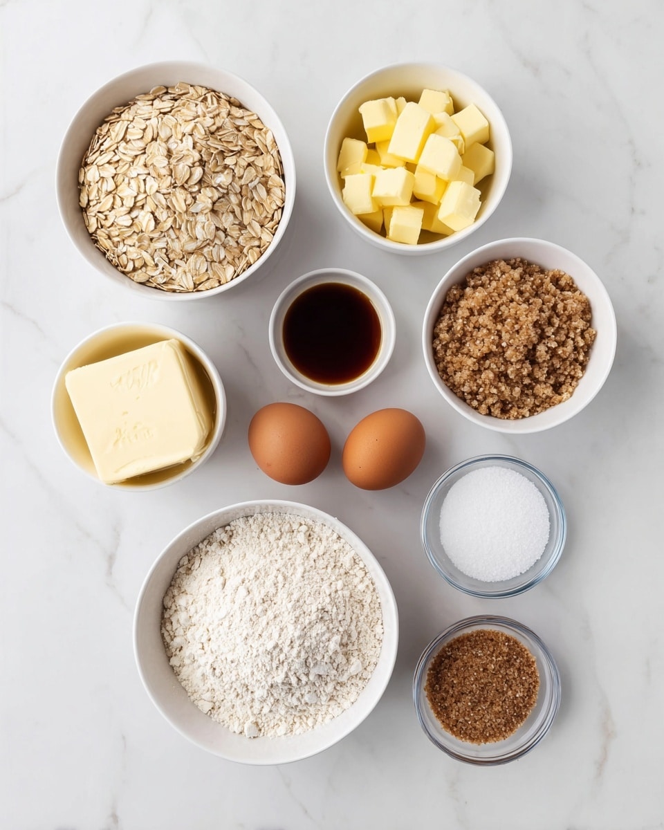 The image shows seven white bowls and two brown eggs placed on a white marbled surface. The top row has a large bowl filled with light beige rolled oats at the left and a small bowl with dark brown vanilla extract to the right. Below the oats is a medium bowl with yellow cubes of butter, next to it is a small bowl with white baking soda. To the right of the vanilla extract is a large bowl filled with small, light brown sugar crystals. Below the butter is a large bowl of white flour. In the middle of the image are two whole brown eggs side by side. At the bottom right are two small clear bowls, one with white salt and the other with brown sugar packed tightly. The image is bright and clean. Photo taken with an iphone --ar 4:5 --v 7