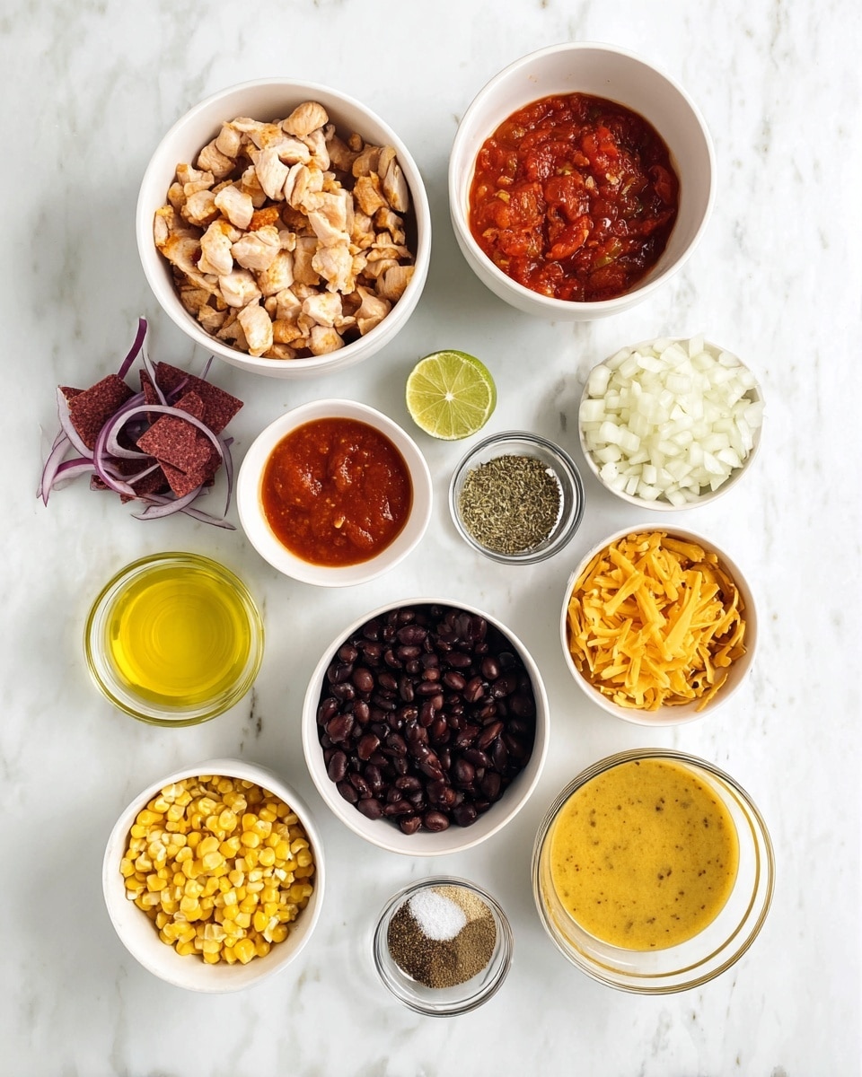 The image shows several white bowls arranged on a white marbled surface, each filled with different ingredients: one bowl with chopped cooked chicken pieces, another with chunky red tomato sauce, a small bowl with yellow olive oil, a bowl of diced white onions, another with thin strips of red and purple tortilla chips, a bowl of yellow corn kernels, a bowl with light brown beans in liquid, a bowl of dark black beans in liquid, a bowl filled with yellow creamy corn mixture, and smaller clear bowls containing ground spices, minced garlic, salt, and dried herbs. Two lime halves are placed on the surface near the bowls. The bowls and ingredients create a colorful and clean arrangement. photo taken with an iphone --ar 4:5 --v 7