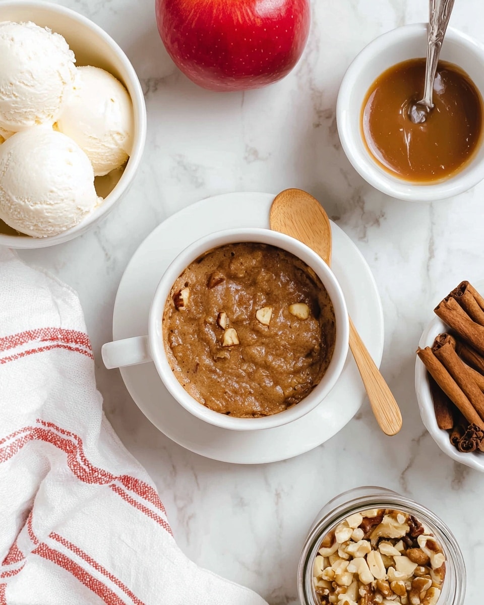 A white cup sits on a white saucer on a white marbled surface, filled with a warm brown dessert that has a rough, slightly cracked top with small chunks visible in it. To the right of the cup is a small wooden spoon resting on the saucer. Surrounding the cup are several items: in the top left is a white bowl filled with several scoops of creamy white ice cream, below the bowl is a shiny red apple, in the top right is a white bowl with brown caramel sauce and a small silver spoon inside, and below this is a white bowl filled with chopped nuts. At the bottom right corner is a clear glass jar holding several cinnamon sticks. A white cloth with red stripes is draped on the left side of the scene. The photo is taken with an iphone --ar 4:5 --v 7