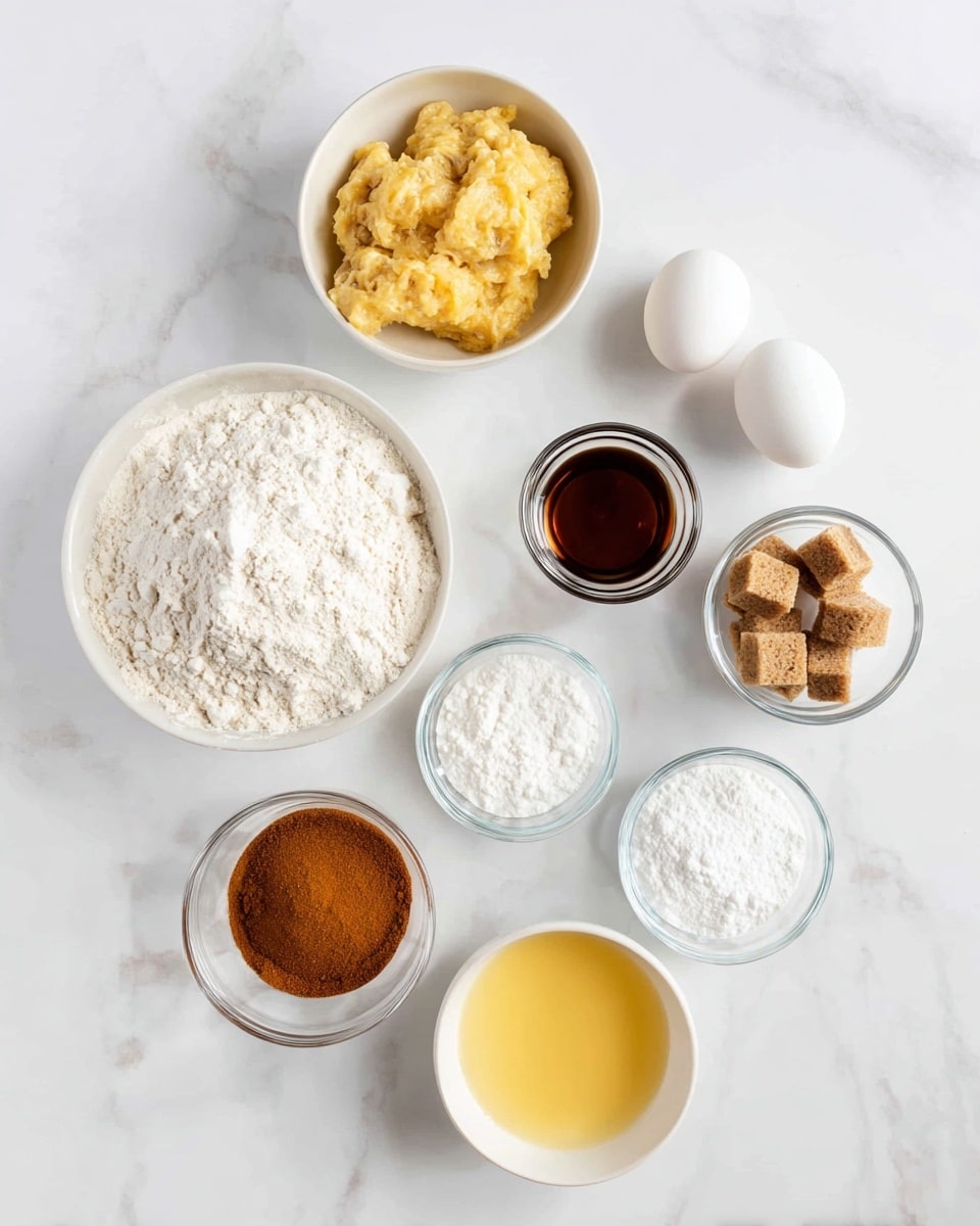 Nine small white bowls are arranged on a white marbled surface. At the top left, there is a bowl filled with mashed bananas, light yellow with a slightly chunky texture. To the right, a bowl holds two white eggs. In the center, a small clear bowl contains dark brown vanilla extract. Below it, a similar bowl has brown sugar cubes. To the left, a larger white bowl is filled with white flour, showing some clumps. Below and to the left, a clear bowl holds reddish-brown cinnamon powder. Another white bowl below the flour is filled with white granulated sugar. To the right, a small clear bowl contains white baking powder. At the bottom, a white bowl is filled with melted yellow butter. The overall layout is neat and the lighting is bright and natural. photo taken with an iphone --ar 4:5 --v 7