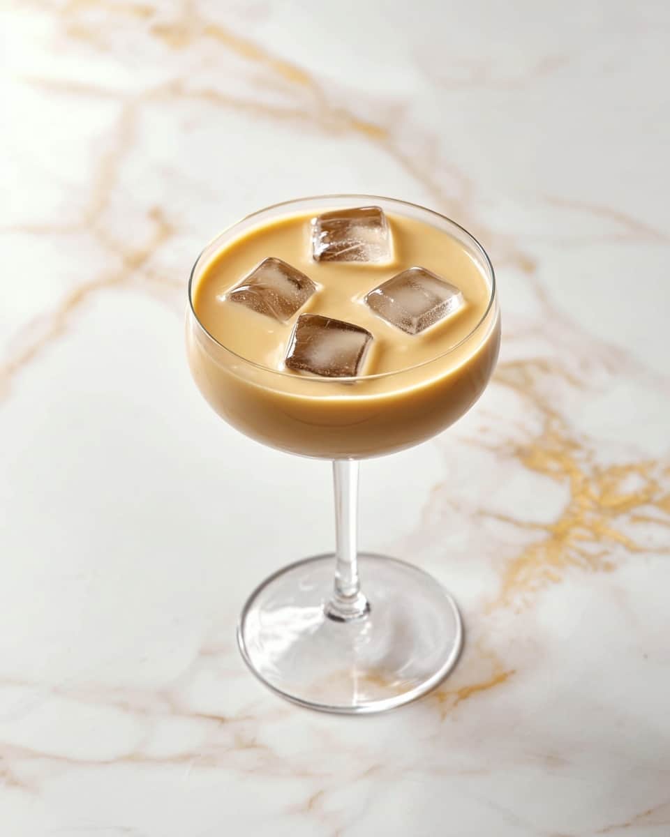 A clear glass with a thin stem holds a creamy light brown drink, with five clear ice cubes floating on top. The drink is smooth and fills the glass nearly to the rim. The glass is placed on a white marbled surface with subtle gray and gold veining, giving a clean and elegant look. photo taken with an iphone --ar 4:5 --v 7