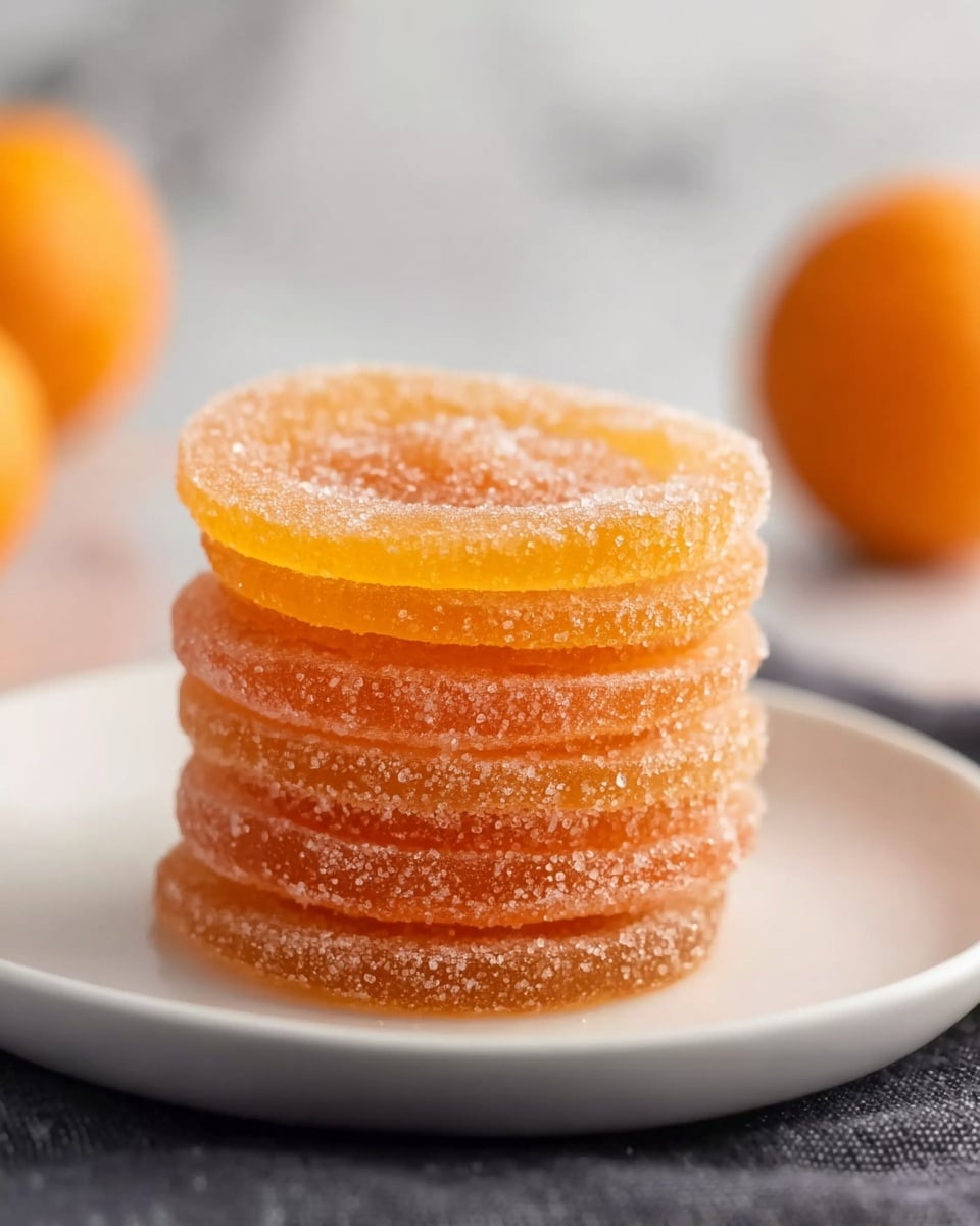 A stack of six round, orange-colored jelly slices coated evenly with granulated sugar is placed in the center of a white plate. Each slice shows a translucent, shiny texture with a slightly rough sugar layer on the surface. The edges of each slice are smooth and perfectly shaped, with the stack creating a neat, vertical alignment. The plate sits on a dark gray cloth against a white marbled background with two blurred orange fruits in the distance. photo taken with an iphone --ar 4:5 --v 7