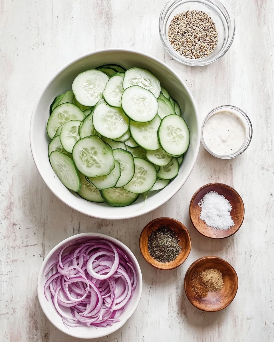A white bowl filled with many thin green cucumber slices arranged in layers, showing a fresh, slightly shiny texture. Below and to the left, a smaller white bowl holds thin red onion slices with light purple and white colors. To the left of the onions, a clear glass bowl contains a smooth, creamy white dressing. Above the cucumber bowl, a small white bowl with a mix of sesame seeds and seasonings is placed. On the right side, three small wooden bowls hold black pepper, fine white salt, and brown spice powder, all sitting on a white marbled textured surface. Photo taken with an iphone --ar 4:5 --v 7