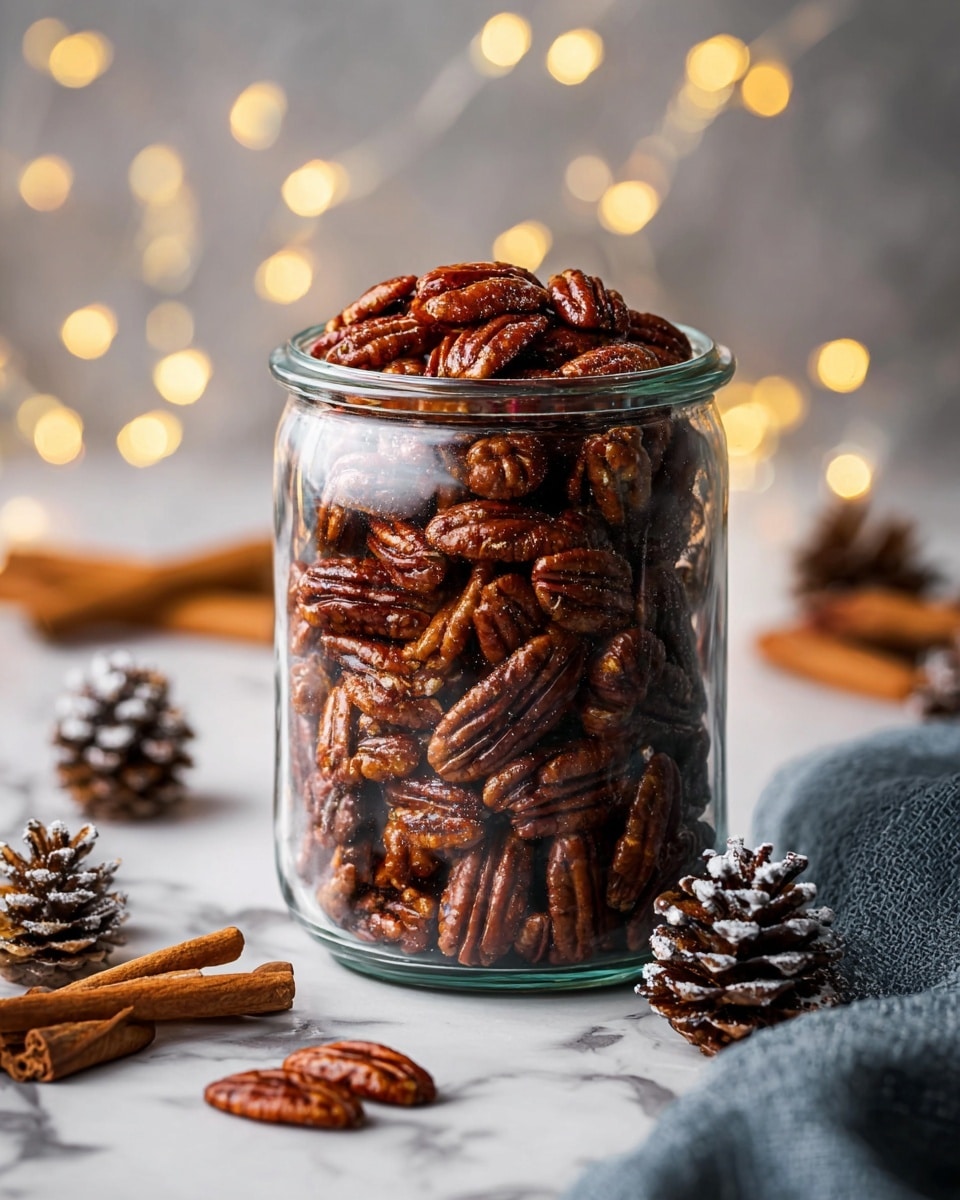 A close-up view shows many shiny, brown, glazed pecan nuts spread over a white marbled surface. A vintage silver spoon is centered, holding a small pile of the glossy pecans, with visible ridges and a sticky coating that gives them a rich, caramelized look. The nuts are arranged irregularly around the spoon, some sticky syrup drops are scattered on the surface, adding texture and depth. The warm brown shades of the pecans contrast with the light white marbled background. photo taken with an iphone --ar 4:5 --v 7