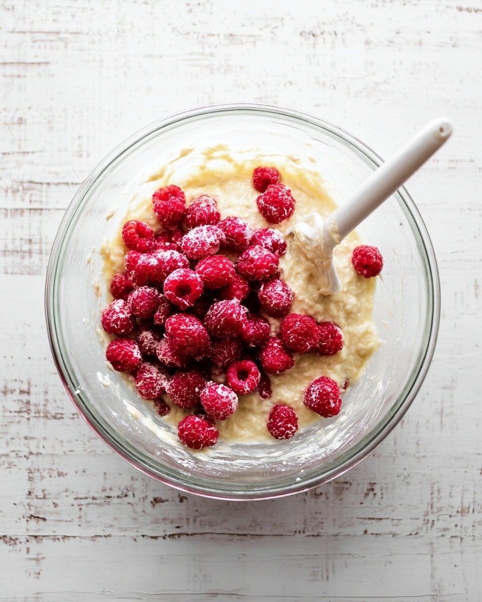 A clear glass mixing bowl filled with a thick, pale yellow batter forms the bottom layer, topped with a generous pile of bright red raspberries scattered unevenly across the center. A white mixing spoon stands in the batter on the right side of the bowl, partially covered with batter and raspberries. The bowl is placed on a white marbled textured surface, adding contrast to the vivid colors inside the bowl. photo taken with an iphone --ar 4:5 --v 7