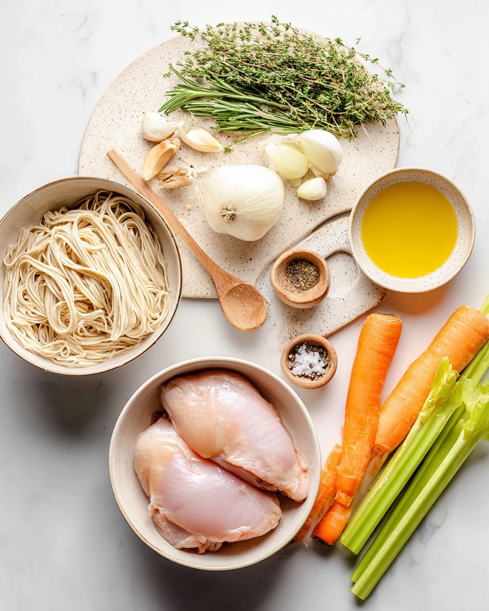 The image shows several ingredients arranged neatly on a white marbled surface. At the center right is a white bowl with two raw pale pink chicken pieces. To the left of this bowl is another white bowl filled with light beige uncooked noodles that have a slightly rough texture. Above the chicken, there is a round white speckled cutting board holding layers of fresh green herbs like rosemary and thyme, two halves of a white onion, five garlic cloves, and two wooden spoons; one spoon holds coarse salt, the other black pepper. To the far right of the cutting board are three bright orange carrots and three crisp green celery sticks. On the left side, there is a small white bowl with golden yellow oil, and to the right of the chicken, a clear glass container holds a pale yellow liquid, likely broth. The ingredients are all well-lit with soft natural light, and the scene is clean and orderly. photo taken with an iphone --ar 4:5 --v 7