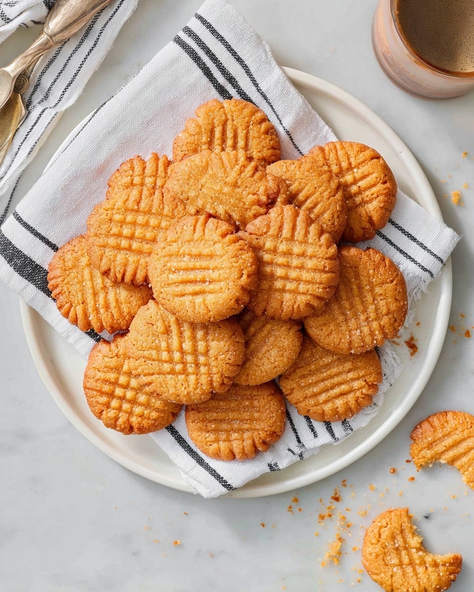 A white round plate filled with 13 golden brown cookies, each having a crisscross pattern on top and scalloped edges, arranged in a loose pile. The plate sits on a white round tray, lined with a white cloth towel with black stripes. To the right of the tray, there are cookie crumbs and a half-eaten cookie with similar texture and pattern. The scene is set on a white marbled surface with a partially visible cup of coffee nearby. photo taken with an iphone --ar 4:5 --v 7