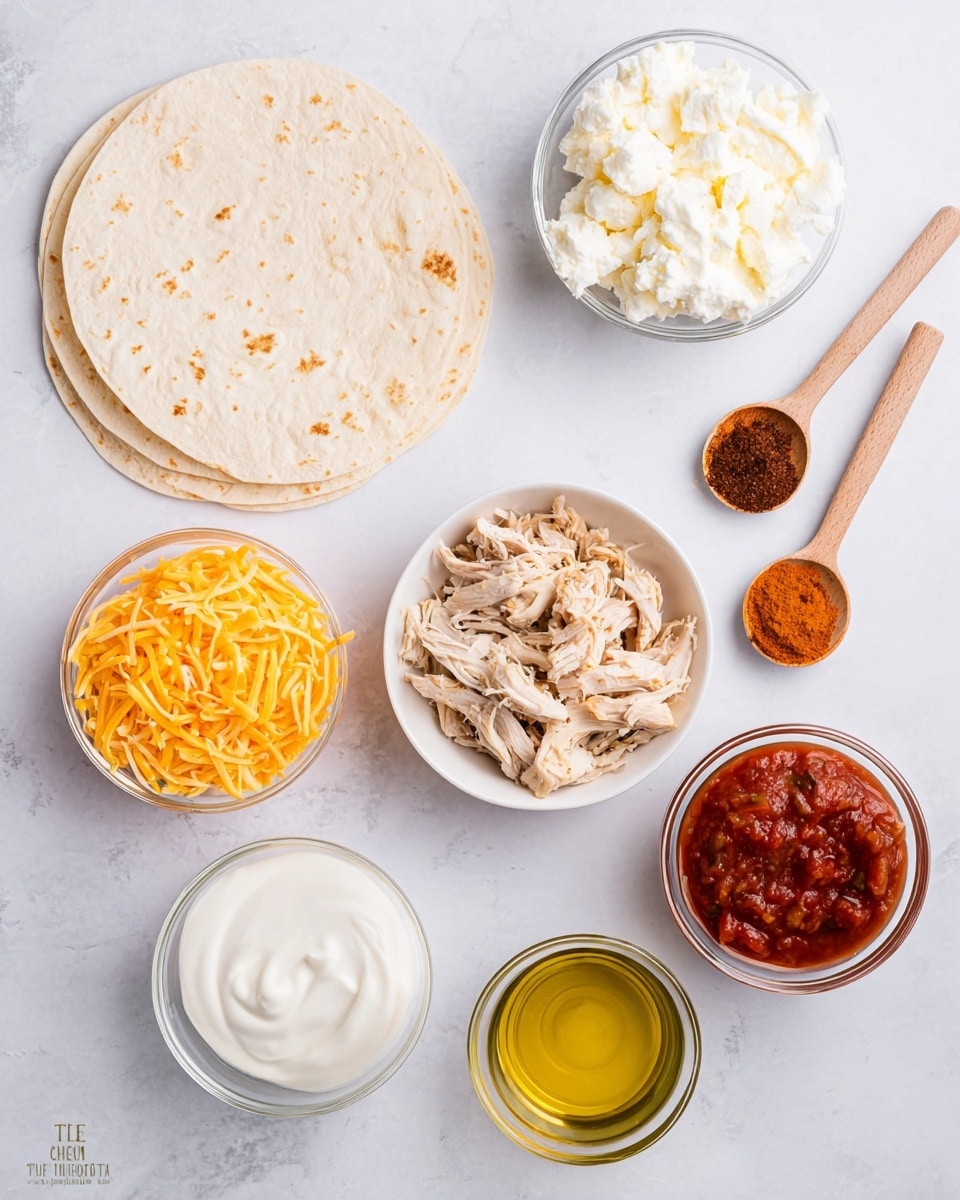 The image shows ingredients for a chicken dish arranged neatly on a white marbled surface. There are three soft white tortillas at the bottom left, stacked slightly overlapping. To the right, there is a small white bowl filled with shredded cooked chicken, showing light brown and beige textures. Above the chicken bowl, there is a clear glass bowl filled with chunky white cream cheese. Next to it are two small wooden spoons, one holding a dark reddish-brown spice, and the other a lighter orange spice. To the left of the chicken bowl, a small white bowl holds bright orange shredded cheddar cheese. Below the cheese bowl, there is a small clear glass bowl of smooth white sour cream. To the right of the sour cream, another clear glass bowl contains chunky red salsa, and right below it, there is a small clear bowl with light yellow oil. photo taken with an iphone --ar 4:5 --v 7