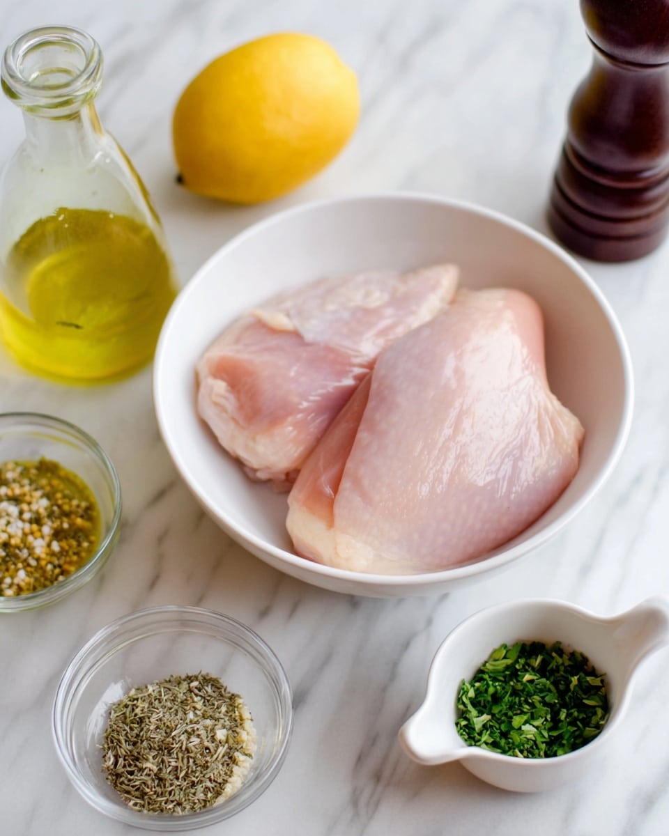 A white bowl holds two large, smooth, pale pink raw chicken pieces with a slightly shiny texture, positioned side by side. Around the bowl on a white marbled surface are a whole, bright yellow lemon at the top, a clear glass bottle filled with light yellow oil to the left, and three small clear and white containers at the bottom. One small clear bowl contains mixed green and brown dried herbs, another has light tan powder, and a small white cup with a handle is filled with finely chopped green herbs. A dark wooden pepper grinder sits in the upper right corner. The photo taken with an iphone --ar 4:5 --v 7