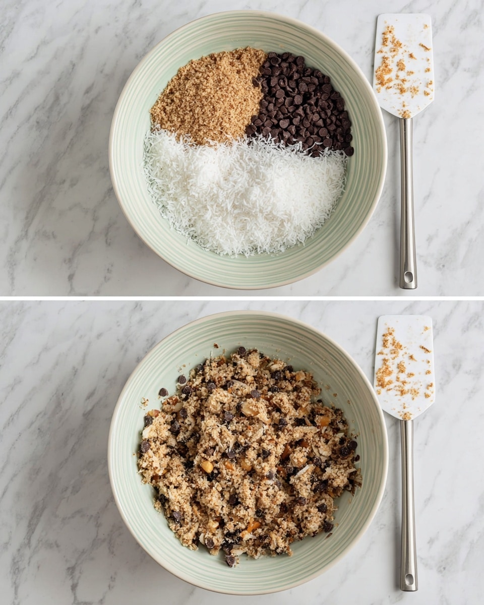 The image shows two views of a white bowl on a white marbled surface, each containing ingredients for a mix. The bowl has three clear layers in the first view: at the top left, there is a light brown layer of crushed nuts; at the bottom, a white layer of shredded coconut surrounds the other layers; and on the top right, a dark brown layer of chocolate chips. The second view shows the ingredients fully mixed together, forming a rough-textured, light brown mixture where the chocolate chips, crushed nuts, and shredded coconut are evenly spread. A white spatula with a metal handle lies next to the bowl in both views, with remnants of the mixture on it in the second view. photo taken with an iphone --ar 4:5 --v 7