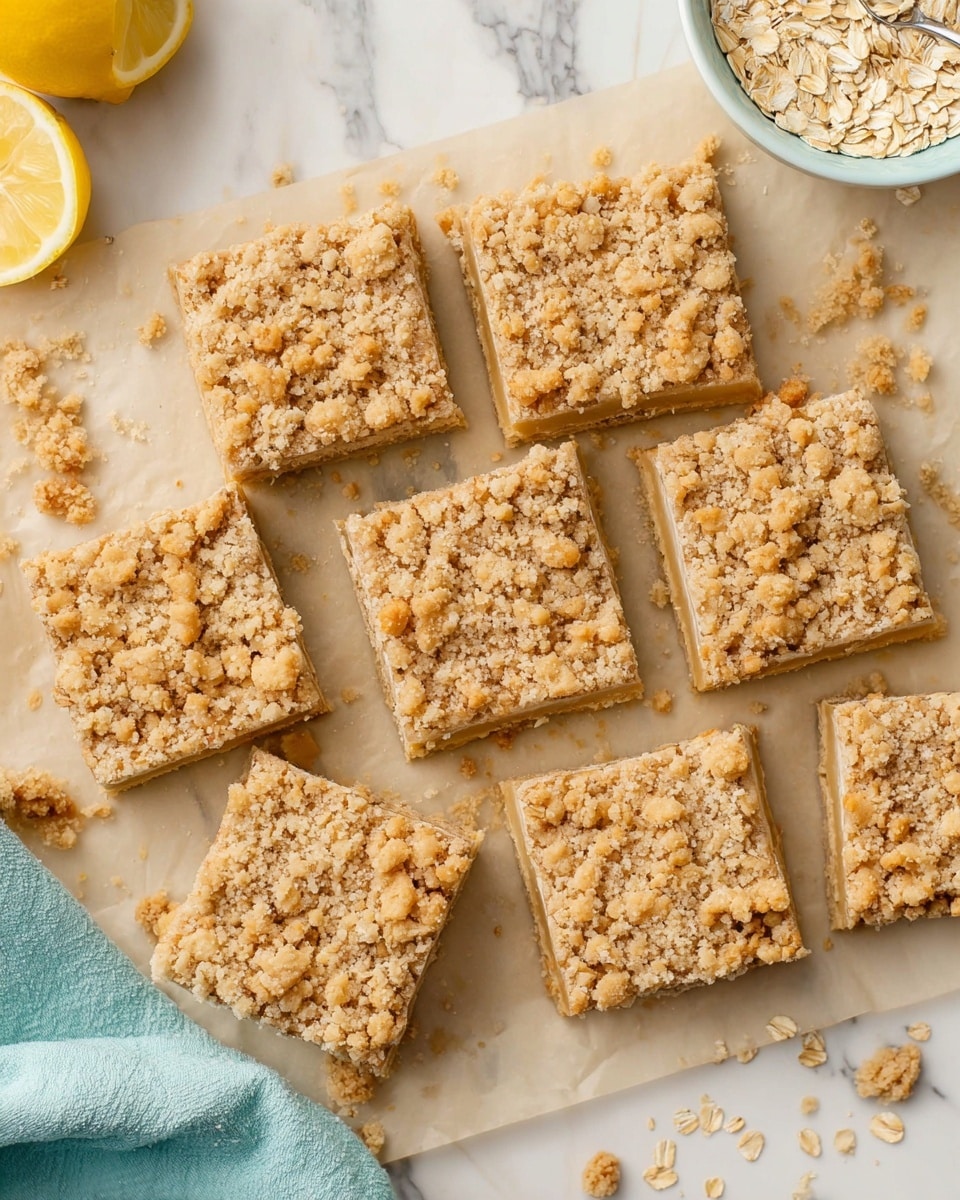 There are nine square-shaped oat bars arranged on parchment paper over a white marbled surface. Each bar has two layers: the bottom layer is light golden and smooth, while the top layer is crumbly with oats and small clusters of dough, giving it a rough texture in light brown and beige shades. Some crumbs are scattered around the bars. In the top left corner, a cut lemon is partially visible on the marbled surface, and at the far right, a white bowl filled with oats is partially shown. A pale blue cloth is visible at the bottom left corner. Photo taken with an iphone --ar 4:5 --v 7