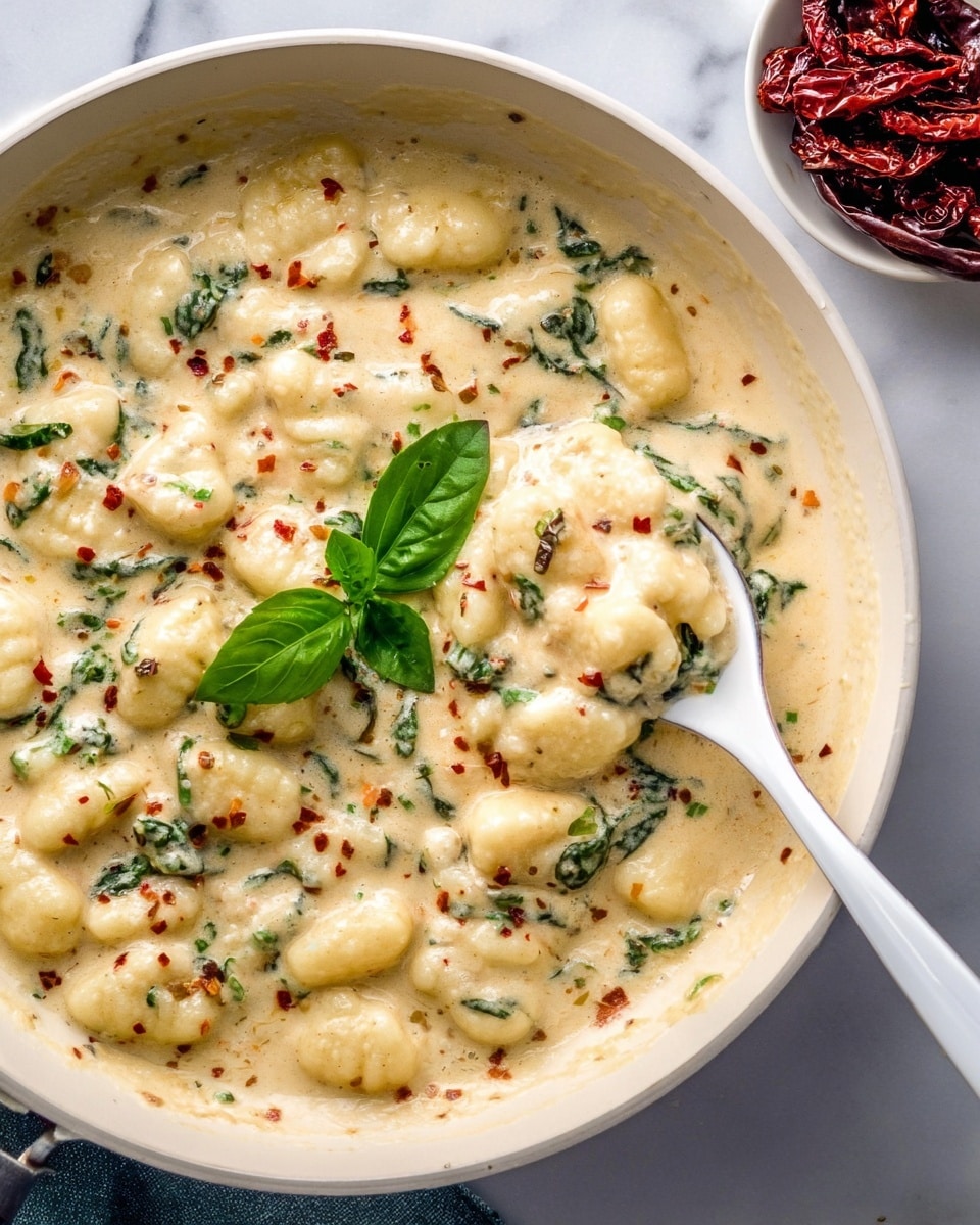 A white pot filled with a creamy sauce that covers small, soft gnocchi pieces, showing bits of green spinach and red pepper flakes mixed throughout. On top of the sauce, there is a bright green basil leaf placed in the center. A white spoon is dipped into the sauce, lifting some gnocchi. In the top right corner, a small white bowl holds deep red sun-dried tomatoes sitting on a white marbled surface. The photo taken with an iphone --ar 4:5 --v 7