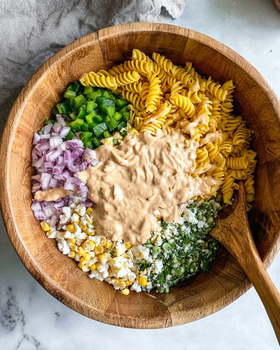 A wooden bowl filled with five separate layers of ingredients, including yellow spiral pasta on the left, bright green chopped peppers on the top right, finely chopped red onions on the right, green chopped herbs on the bottom left, and a mix of corn kernels and white small curds in the bottom center. Over the ingredients, there is a light brown creamy sauce spread unevenly across the bowl. The bowl rests on a white marbled surface with a gray cloth partially visible at the top, and a wooden spoon is placed on the bottom right edge of the bowl photo taken with an iphone --ar 4:5 --v 7