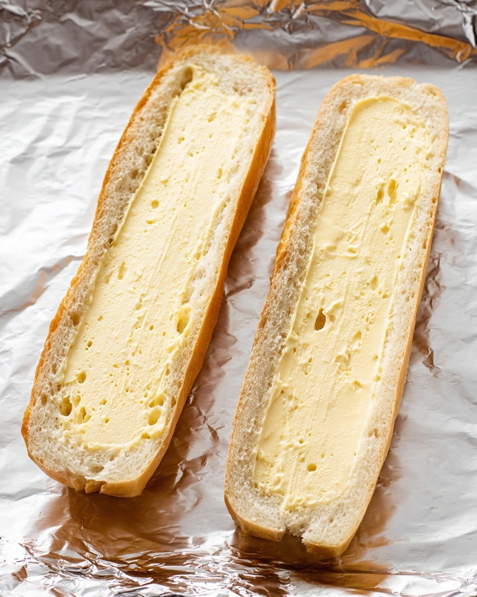 The image shows two long slices of French bread placed side by side on a shiny aluminum foil sheet with a white marbled texture underneath. Each bread slice is spread evenly with a creamy, light yellow butter layer that covers the entire top surface, showing some small air pockets and a soft texture in the bread. The crusts are light brown and slightly crisp, forming a thin outline around the buttered bread. The overall look is simple, fresh, and ready for further preparation. Photo taken with an iphone --ar 4:5 --v 7