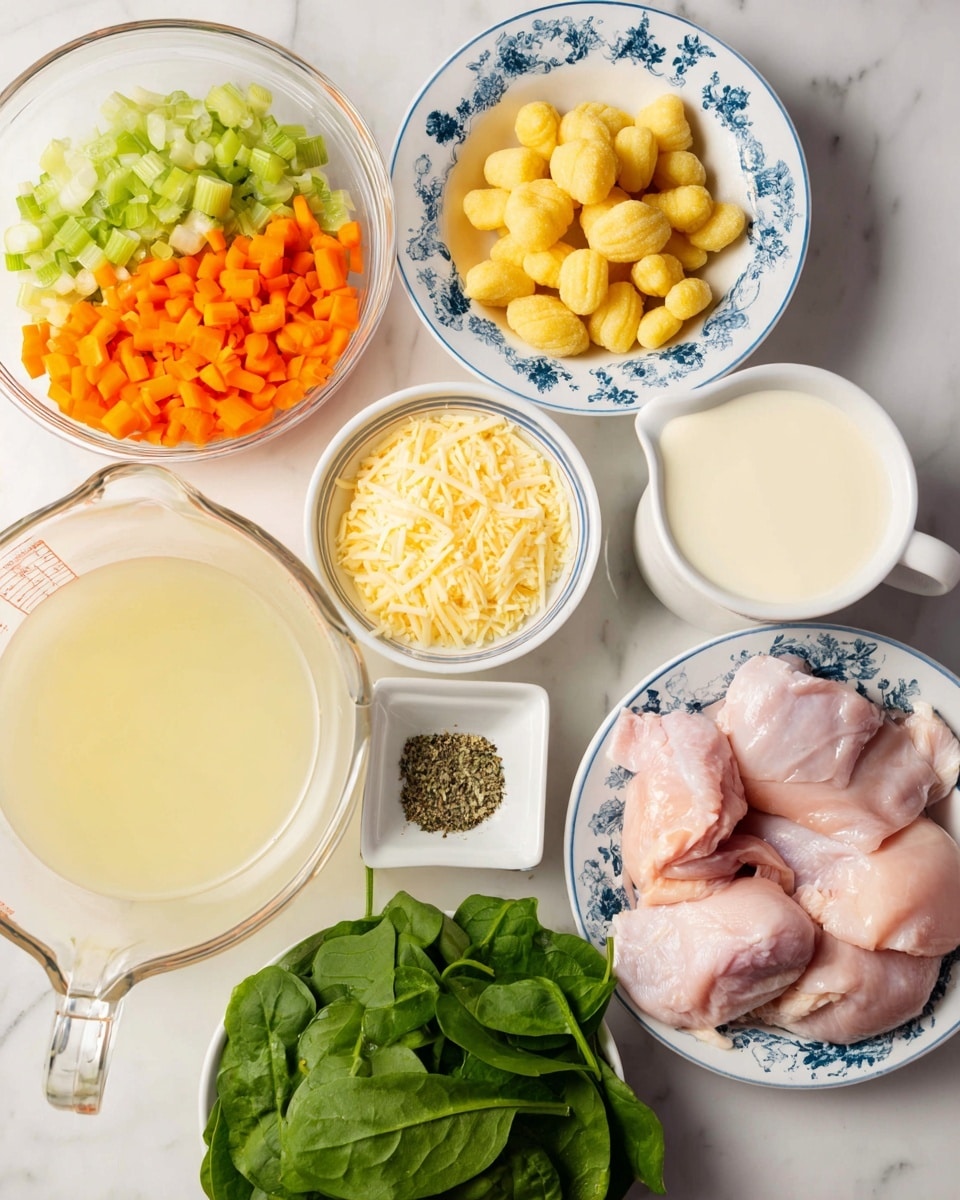 A group of various ingredients is placed on a white marbled surface, including a white bowl with blue floral designs holding four raw, pink chicken pieces on the right side. Above it, there is another white bowl with blue floral designs filled with small, yellow gnocchi. On the left, a clear glass bowl holds bright orange chopped carrots, light green celery pieces, and minced garlic all mixed together. Below the vegetables, a large clear glass measuring cup contains light yellow broth. Next to it, a small white ramekin holds pale yellow shredded cheese, and a clear glass bowl filled with creamy yellow mayonnaise is placed nearby. Below the mayonnaise, a handful of fresh dark green spinach leaves rests directly on the surface. In the foreground, a small white square dish contains mixed dried herbs and ground black pepper. A clear glass bowl filled with white milk is also visible in the center. photo taken with an iphone --ar 4:5 --v 7