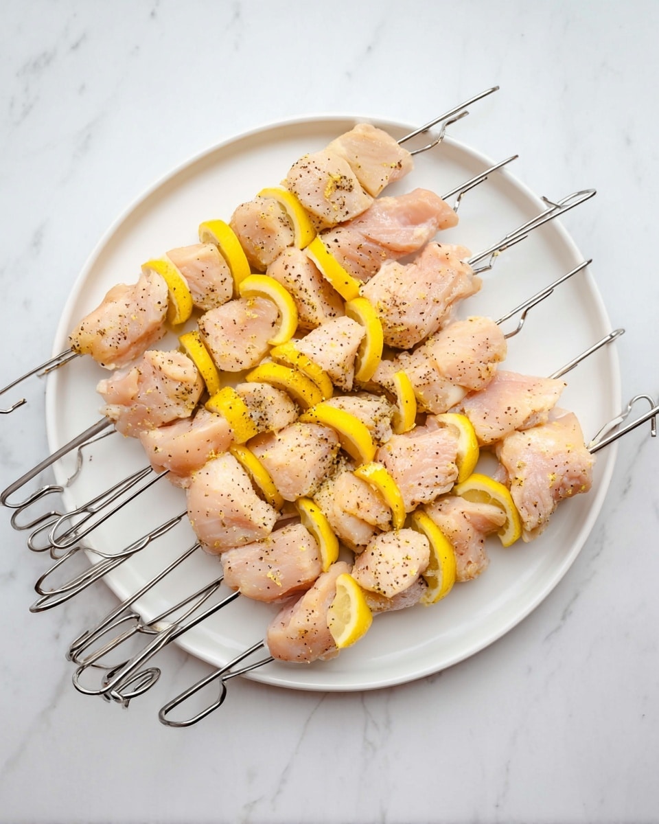There are seven metal skewers laid out on a round white plate placed on a white marbled surface. Each skewer has several raw chunks of pale pink chicken meat with small specks of black pepper and salt. Between the chicken pieces, there are thin slices of bright yellow lemon arranged evenly. The skewers are perfectly aligned, with their hook handles extending out past the plate on the right side. The overall look is clean and ready for cooking. photo taken with an iphone --ar 4:5 --v 7