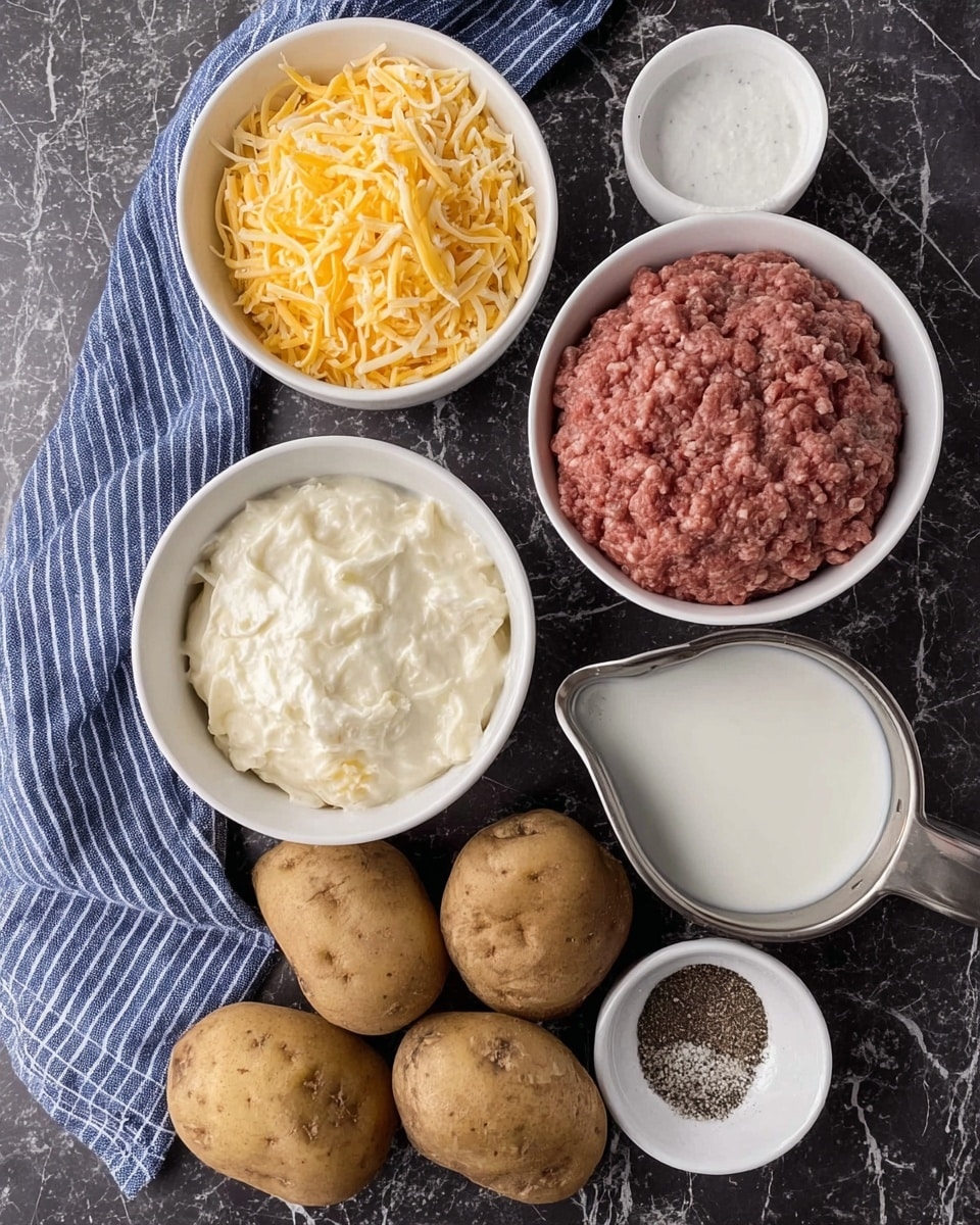 The image shows a collection of ingredients arranged on a dark surface with a striped blue and white cloth on the left side. At the top right, there is a white bowl filled with raw ground meat, below it is a metal measuring cup filled with milk. To the left, two white bowls hold shredded yellow cheese and a thick white sauce with visible chunks. Below these are five whole brown potatoes, and next to them is a small white bowl with black pepper and salt. The background is a white marbled texture. photo taken with an iphone --ar 4:5 --v 7