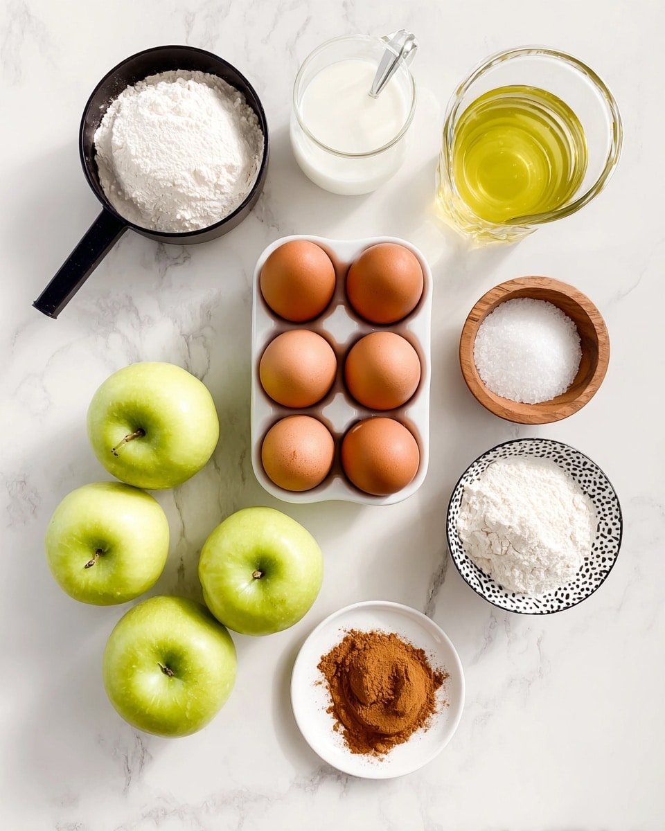 The image shows an arrangement of baking ingredients on a white marbled surface. In the center, six brown eggs rest in a white egg tray. To the top left, a black measuring cup filled with white flour is placed. Above the eggs, a glass container holds light yellow oil. To the right of the eggs, a small wooden bowl with a pinch of salt and a white bowl with a black pattern containing white sugar are visible. Below the eggs, three bright green apples are arranged. Near the apples, a small wooden bowl of white baking powder and a glass measuring cup filled with white milk are placed. A small white plate with a mound of brown cinnamon powder is positioned near the flour. The overall layout is neat and clean, with natural lighting highlighting the textures and colors. Photo taken with an iphone --ar 4:5 --v 7