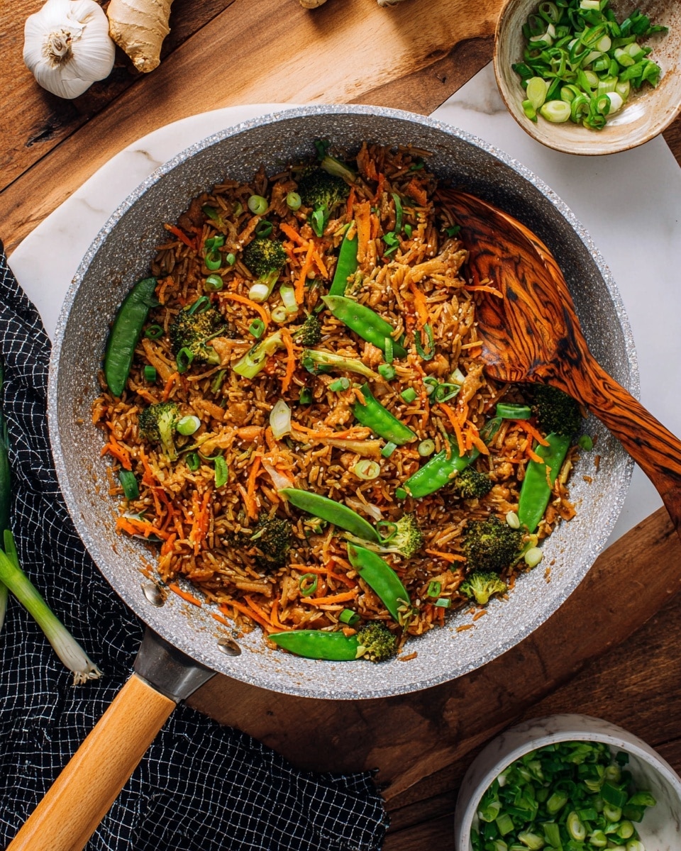 A large grey speckled pan with a wooden handle holds fried rice mixed with multiple colorful layers: the first layer is brown fried rice, followed by bright orange shredded carrots, small buds of dark green broccoli, and green snow peas scattered throughout. Fresh, chopped light green spring onions are sprinkled on top with some lying around the pan on a wooden table. A wooden spoon with dark and light wood patterns rests inside the pan, partially lifting some rice and vegetables. Around the pan on the wooden table are a white bowl of chopped spring onions, fresh white garlic bulbs, and fresh ginger. The surface is changed to a white marbled texture with a black and white checkered cloth partially under the pan. photo taken with an iphone --ar 4:5 --v 7