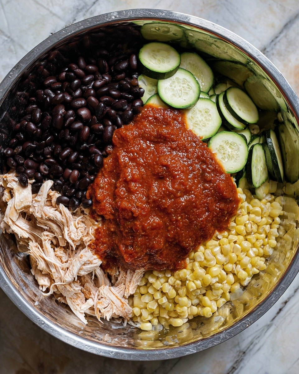In a large silver bowl on a white marbled surface, there are four main layers of ingredients. At the bottom right, there is a layer of yellow corn kernels with a slightly shiny texture. On top of the corn, to the bottom left, there is a light beige shredded chicken layer with a soft, fibrous texture. Above the chicken at the top left, there is a layer of dark, shiny black beans that create a smooth, rounded surface. Covering the center of the bowl and spilling onto the beans, chicken, and corn is a thick, rich red sauce with a slightly textured surface. Behind the bowl, there are thin slices of green zucchini with darker edges, arranged loosely. Photo taken with an iphone --ar 4:5 --v 7
