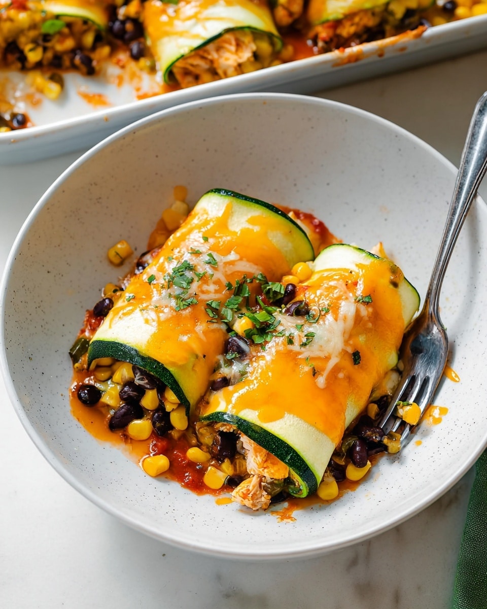 The dish shows two zucchini roll-ups placed side by side on a white bowl with light speckles, resting on a white marbled surface. Each roll-up is made with thin, green zucchini slices wrapped around layers of bright yellow corn kernels, black beans, and shredded white chicken, all covered with melted orange cheddar cheese and a small topping of melted white cheese. Fresh chopped green herbs are sprinkled on top. There is also some red sauce peeking through the cheese, adding more color. A silver fork is placed on the right side inside the bowl. The background shows more of the dish in a white tray. Photo taken with an iphone --ar 4:5 --v 7