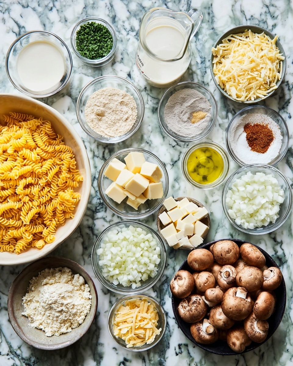 The image shows many small bowls and containers with different cooking ingredients placed on a white marbled surface. There's a large white bowl with yellow spiral pasta on the left side. Around it, there are smaller white bowls with chopped green herbs, powdered spices, creamy white sauce, and grated cheese in both white and yellow shades. A clear glass measuring cup holds milk, while a small bowl contains butter cubes. A black bowl filled with whole brown mushrooms is near the center. There is also a bowl filled with diced white onions and a small bowl of oil. Each ingredient is neatly arranged, showing a variety of textures and colors like yellow, green, white, brown, and cream. Photo taken with an iphone --ar 4:5 --v 7