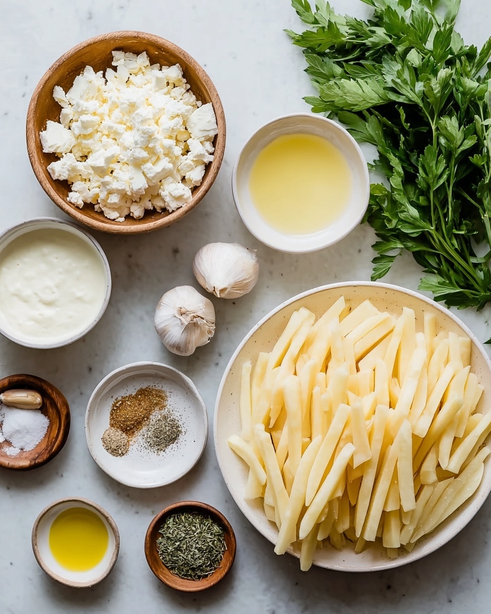 This image shows a white bowl on the right side filled with pale yellow potato sticks, arranged standing up closely together. To the left, there are several small bowls and plates with ingredients: a large wooden bowl with white crumbly cheese, a small white bowl with light yellow liquid, another white bowl with thick white cream, a small wooden bowl holding two garlic cloves, a white plate with different spices in small piles, a small wooden bowl with salt and green dried herbs, a white bowl with golden olive oil, and a small white bowl with a white liquid. Green leafy parsley is placed on the top right corner. The whole setup is on a white marbled surface. Photo taken with an iphone --ar 4:5 --v 7
