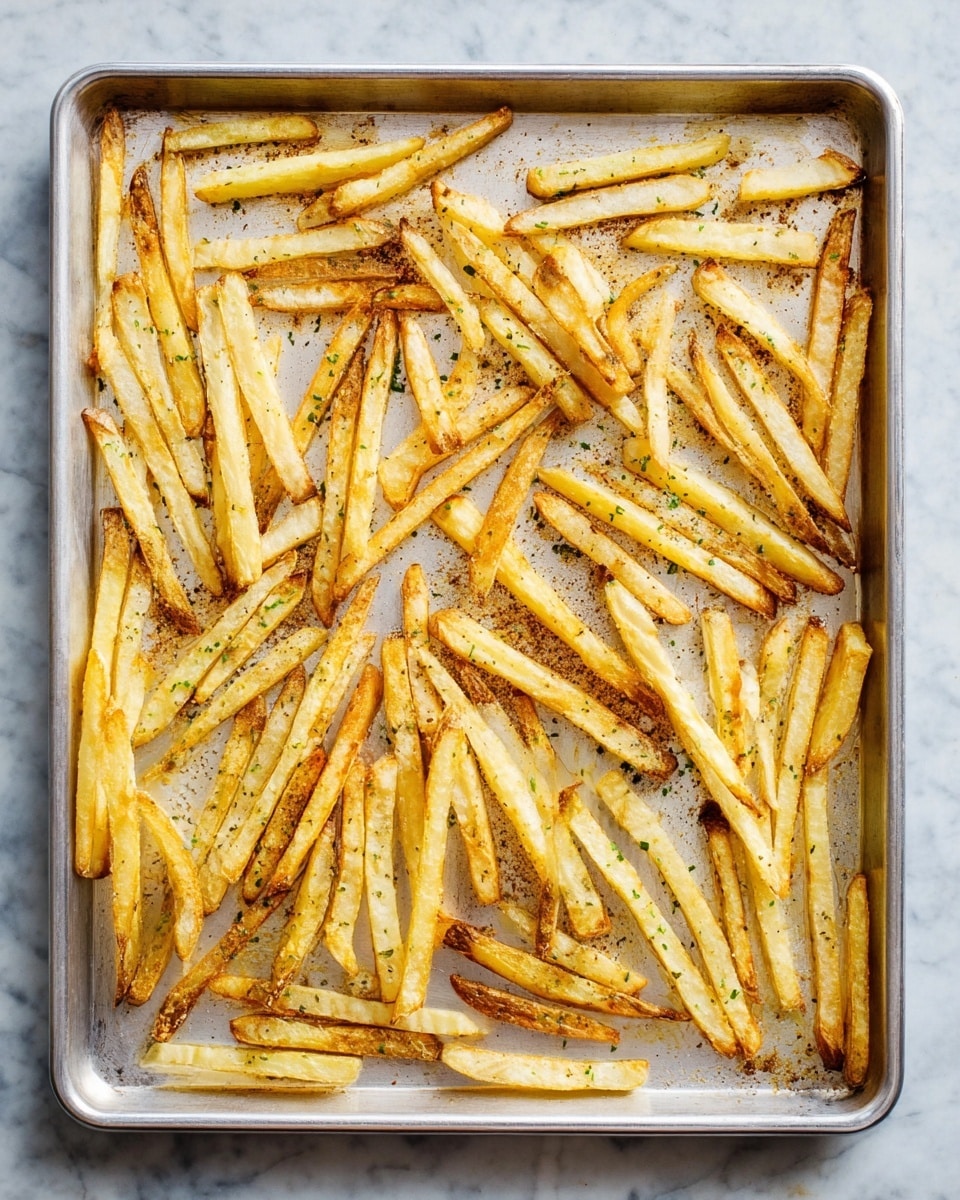 A metal baking tray filled with one layer of thin, golden-brown potato fries scattered in a loose arrangement. The fries have different shades of light yellow, brown, and some dark golden crispy edges showing a crunchy texture. They are sprinkled with small green herbs and a few coarse spices evenly over the fries and tray. The tray sits on a white marbled surface. photo taken with an iphone --ar 4:5 --v 7