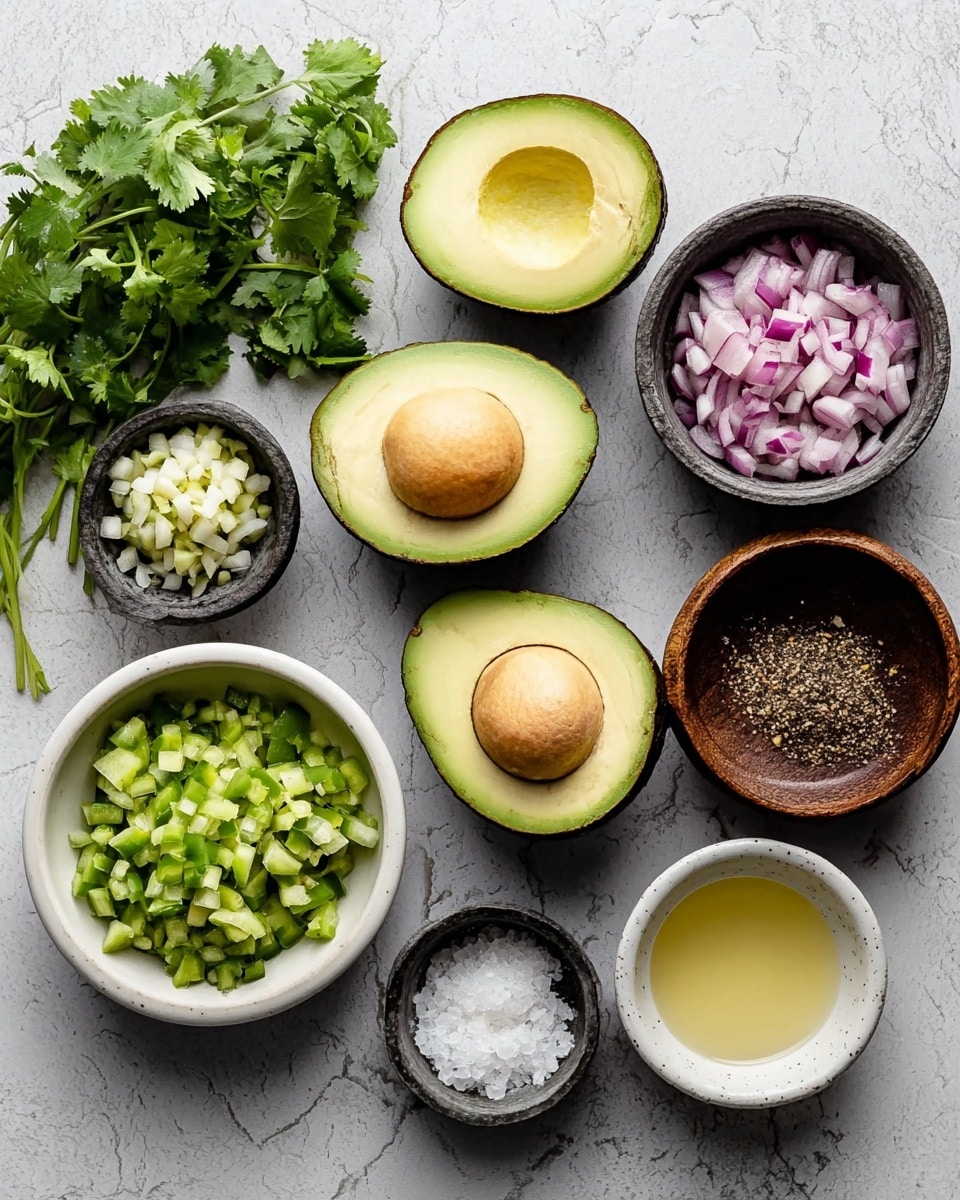 The image shows avocados and small bowls with chopped ingredients on a white marbled surface. There are four avocado halves placed in the center, two with seeds and two without, showing smooth green flesh inside dark green, bumpy skin. Around the avocados are seven small bowls: one white bowl with chopped green peppers, one dark bowl with chopped red onions, one wooden bowl with ground black pepper, one small bowl with minced garlic, one white bowl with light yellow liquid, and one gray bowl with white salt. Fresh green cilantro leaves are placed to the left side. The textures vary from smooth avocado flesh to finely chopped and coarse seasonings. photo taken with an iphone --ar 4:5 --v 7