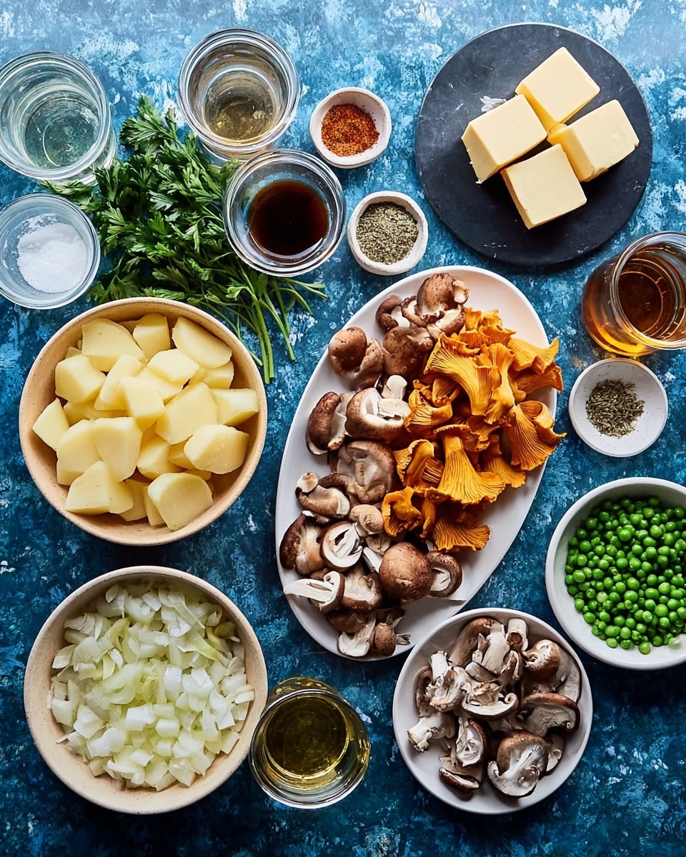 A white oval plate filled with three types of mushrooms: light brown sliced mushrooms on the left, bright orange chanterelles in the middle, and gray oyster mushrooms on the right. To the left of the plate, a beige bowl holds many pale yellow potato chunks. Surrounding these main items are small bowls and jars with various ingredients: minced white onions in a beige bowl at bottom left, chopped garlic in a small white bowl near the center, and green frozen peas in a white bowl at top right. Two cubes of butter rest on a small dark plate above the mushroom plate. There are also small dishes with dried herbs, salt, crushed pepper and chili flakes, dark brown sauce, light yellow oil, and some brown liquid in a jar next to a clear glass jar of water. Fresh green parsley lies on the left side. All items are on a blue textured surface replaced with white marbled texture. photo taken with an iphone --ar 4:5 --v 7