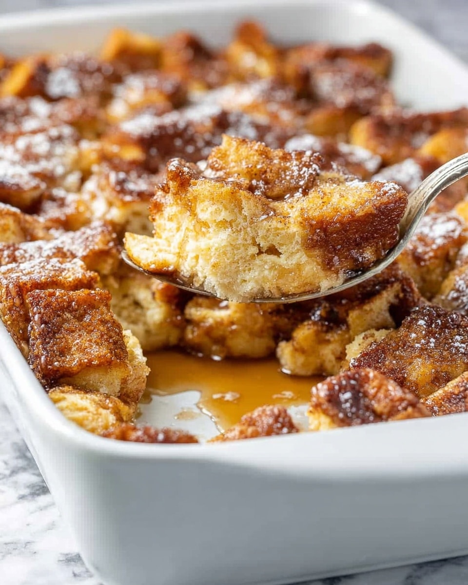 The image shows a white baking dish filled with a baked dessert made from multiple layers of golden brown bread cubes topped with a mixture of syrup, sugar, and cinnamon. The top layer is darker with a slightly crispy texture with white powder sprinkled on it. Inside the dish, the bread cubes soak up syrup, giving some parts a wet, soft look. A spoon lifts a serving from the dish, revealing a moist inside that has a mix of soft and slightly firm textures. The dish rests on a white marbled surface. Photo taken with an iphone --ar 4:5 --v 7