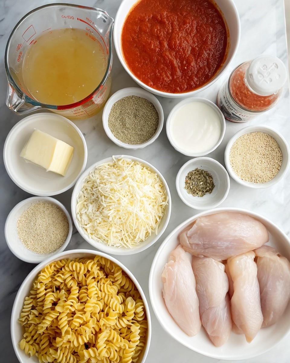 The image shows several white bowls and clear measuring cups placed on a white marbled surface, holding various ingredients. There are three raw chicken breasts in a white bowl on the right, bright yellow dry rotini pasta in a large white bowl on the bottom left, and two different piles of shredded cheese in two separate white bowls. A small white bowl with a piece of butter sits near the shredded cheese. There are bowls with dry breadcrumbs, minced garlic, and dry seasonings including salt, pepper, and herbs. At the top, a clear measuring cup is filled with golden chicken broth, another with white cream, a can of crushed tomatoes, and another can with a smooth tomato sauce. The scene is well-lit and organized, with everything prepared for cooking. Photo taken with an iphone --ar 4:5 --v 7
