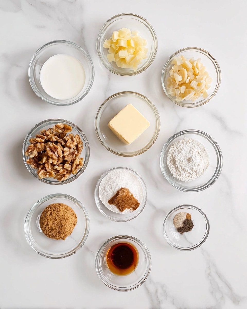 The image shows eleven small clear glass bowls arranged in a loose circular pattern on a white marbled surface. Each bowl contains a different ingredient: a white liquid in the top left, small chopped light yellow pieces below it, white powder to the bottom left, a pale golden square of butter to the right side, a bowl with light brown granules near the middle bottom, chopped walnuts with a mixed light brown and cream color near the center, a small amount of light brown cinnamon powder to the upper right, dark amber liquid below the cinnamon, a tiny bit of dark fine powder in a bowl near the center, a white granulated substance to the bottom right, and a small amount of fine granules or salt to the bottom left side. The lighting is bright and soft, and the photo taken with an iphone --ar 4:5 --v 7