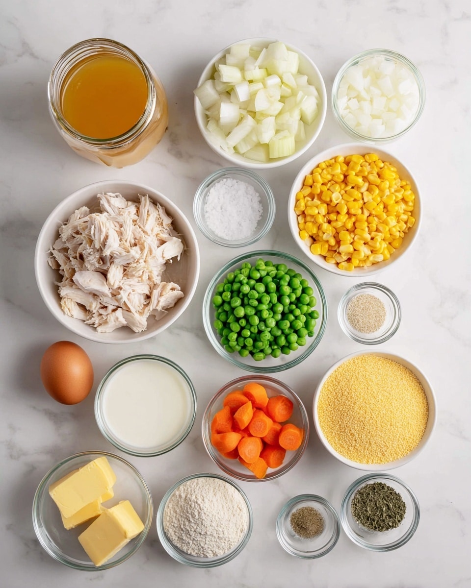 The image shows a white marbled surface with several small white bowls and glass cups arranged neatly, each holding different ingredients. The top row has a jar of golden broth, a bowl of chopped white onions, and a bowl of yellow corn. Below them are shredded light-colored cooked chicken in a bowl, a bowl of white salt crystals, minced garlic in a small glass cup, and a bowl of green peas. Further down, a white bowl of sliced orange carrots is next to a bowl of chopped green celery. At the bottom left are two small pats of yellow butter in a glass cup, a round brown egg, a small glass of milk, and a bowl of yellow cornmeal in the center. At the bottom right are a bowl of white flour and two small glass cups with black pepper and greenish ground seasoning. Everything is neatly spaced and clearly visible, photo taken with an iphone --ar 4:5 --v 7