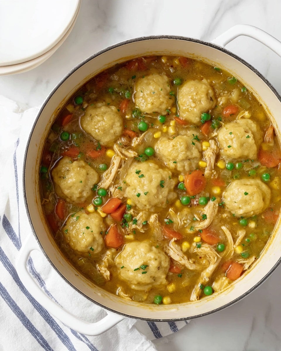 A white pot filled with thick chicken and vegetable stew, showing a mix of soft orange carrot slices, bright green peas, and bits of yellow corn all mixed in the brownish broth. Several light brown dumplings, textured and round, float on the top. Pieces of shredded chicken and small chopped onions are spread evenly inside. The pot sits on a white marbled surface with a white dish and a white cloth with blue stripes nearby. Photo taken with an iphone --ar 4:5 --v 7