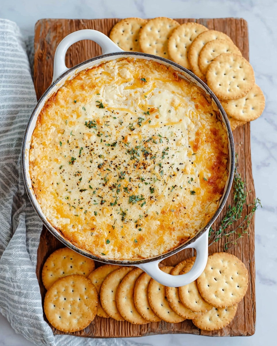 A round white-handled pan filled with a golden cheesy baked dip topped with specks of green herbs and black pepper, showing a slightly browned and textured melted cheese surface. The pan sits on a wooden board next to a pile of round, golden crackers with a dotted pattern. The setup is placed on a white marbled surface with a light grey and white striped cloth partially visible underneath. photo taken with an iphone --ar 4:5 --v 7