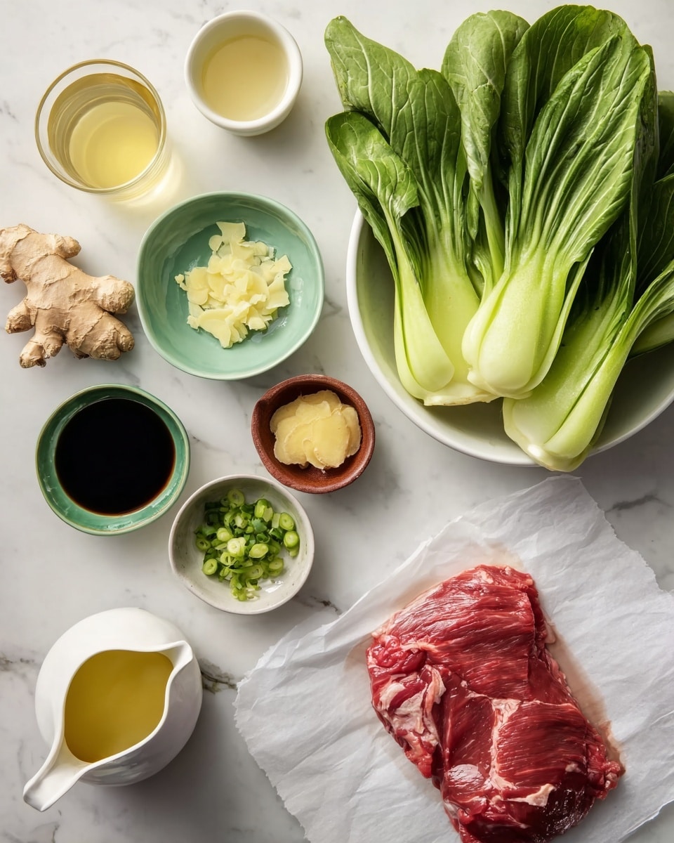 The image shows fresh ingredients laid out on a white marbled surface. In the center right, there is a white bowl filled with bright green bok choy leaves with a few bok choy pieces placed beside it. On the bottom right, a piece of raw red meat lies on white parchment paper, showing a smooth texture with some white fat streaks. Around the meat and bowl, there are small dishes and cups holding various liquids and chopped items: a small green bowl with a dark brown sauce, a brown bowl with finely chopped pale yellow ginger, a white cup with a light yellow liquid, a small glass with a clear golden liquid, another small green bowl with a dark soy-like sauce, and a small white pitcher with a pale yellow liquid. A whole piece of ginger root is also placed near the center left. The ingredients are neatly arranged with clear and natural lighting highlighting their colors and textures. Photo taken with an iphone --ar 4:5 --v 7
