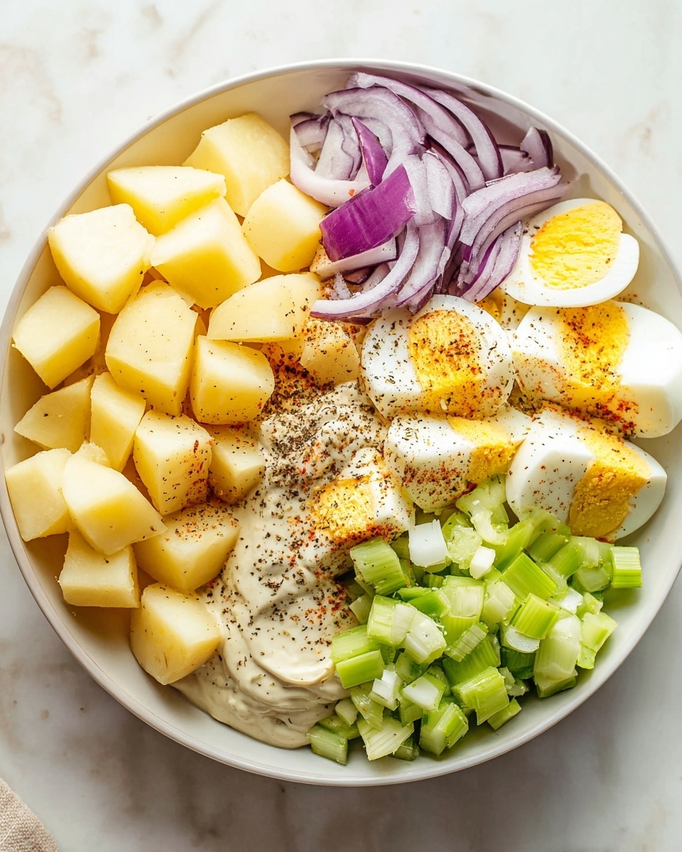 In a white bowl on a white marbled surface, there are five main layers of ingredients arranged next to each other. On the bottom left, there are smooth, pale yellow potato cubes forming a large section. Directly above the potatoes, thin, long slices of purple-red onion create a small pile with a slight curve. To the right of the onions, there are chopped boiled eggs with bright white whites and yellow yolks, some pieces larger and some smaller, sprinkled with black pepper. Beside the eggs, on the far right, is a pile of chopped light green celery. Below the celery and eggs, a creamy layer of mayonnaise with a smooth, slightly thick texture is also topped with black pepper. The overall look is fresh and colorful with a mix of soft and crunchy textures, photo taken with an iphone --ar 4:5 --v 7