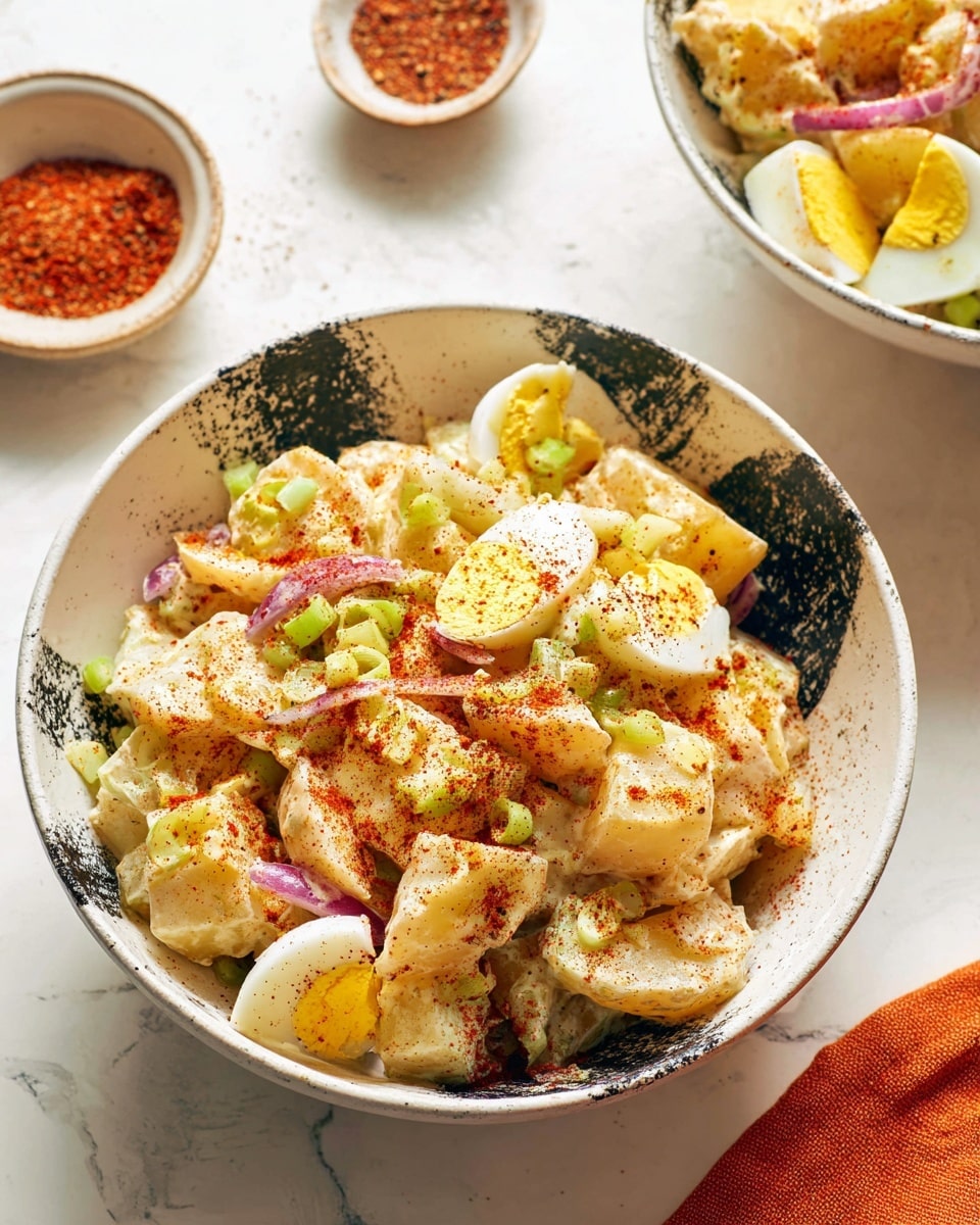 A white bowl with black splatter filled with a creamy potato salad sits on a white marbled surface. The salad has large chunks of pale yellow potatoes mixed with slices of hard-boiled egg showing bright yellow yolks and white edges. Thin slices of red onion add streaks of purple, and pieces of green celery provide a fresh crunch. The salad is lightly sprinkled with a reddish-brown spice, giving it a colorful finish. In the background, there is another white bowl with black splatter containing more salad, and a small white bowl with black splatter holds a red spice powder. A folded orange cloth is partially visible on the left side. Photo taken with an iphone --ar 4:5 --v 7
